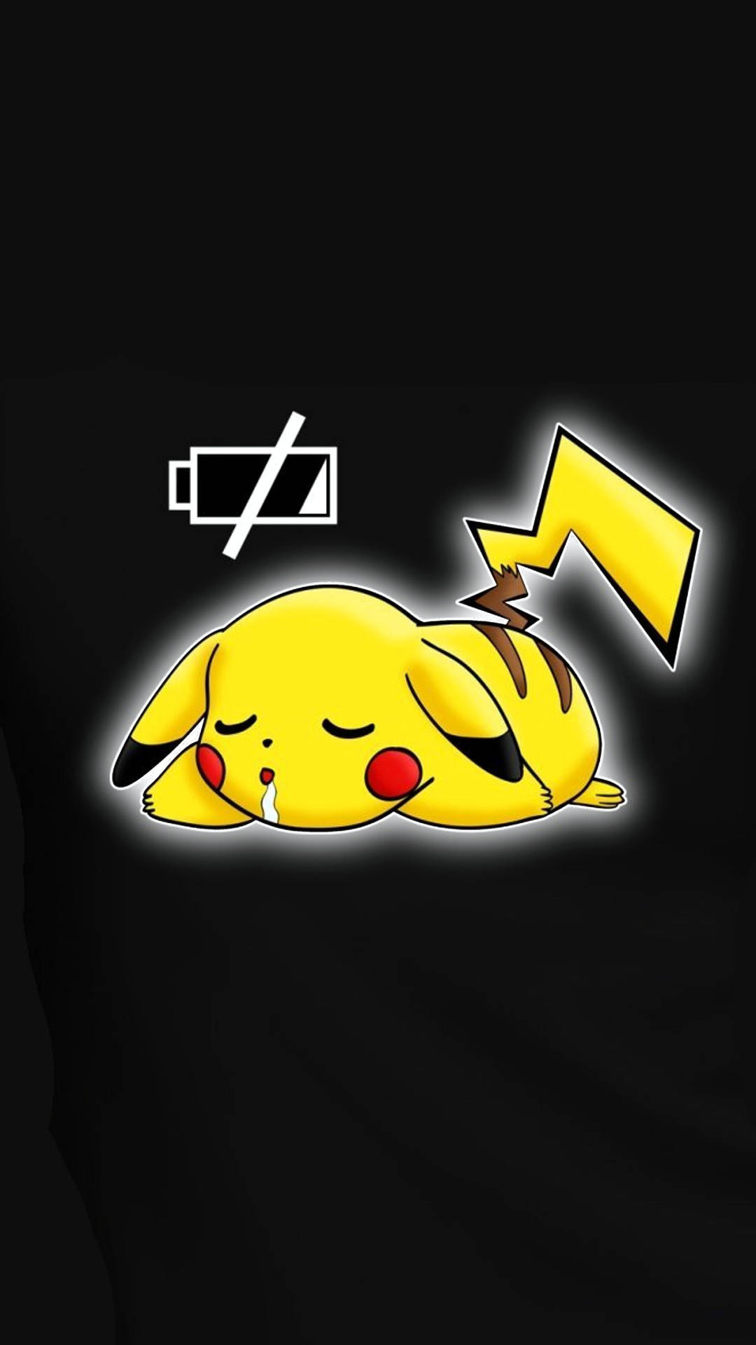睡著的皮卡丘，帶有低電量圖標和閃電圖形。 — Pokémon 手機 壁紙