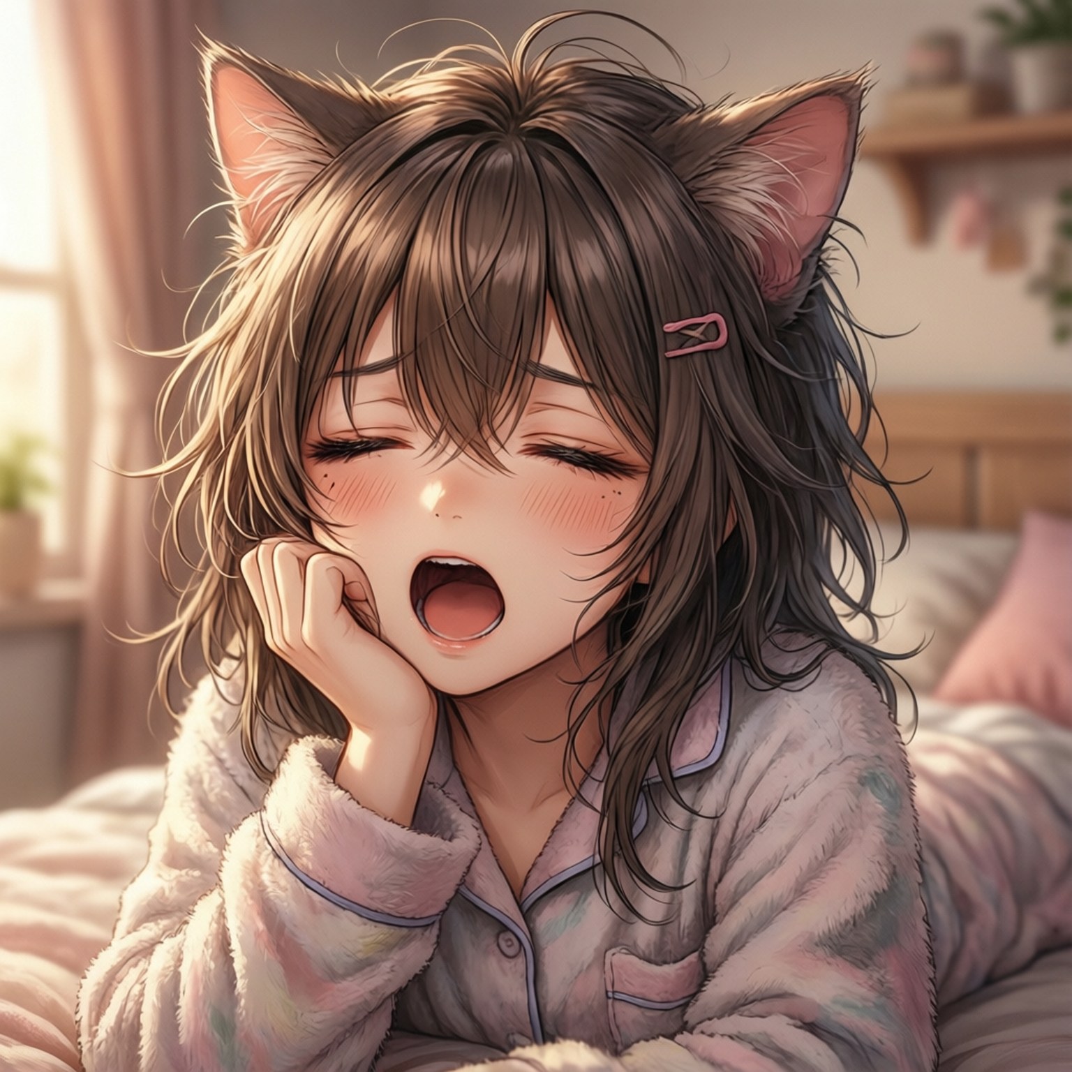 Sleepy Cat Girl 壁紙 — 一個昏昏欲睡的貓耳動漫女孩，凌亂的棕色頭髮，打著哈欠，下巴擱在手上，穿著舒適的睡衣。