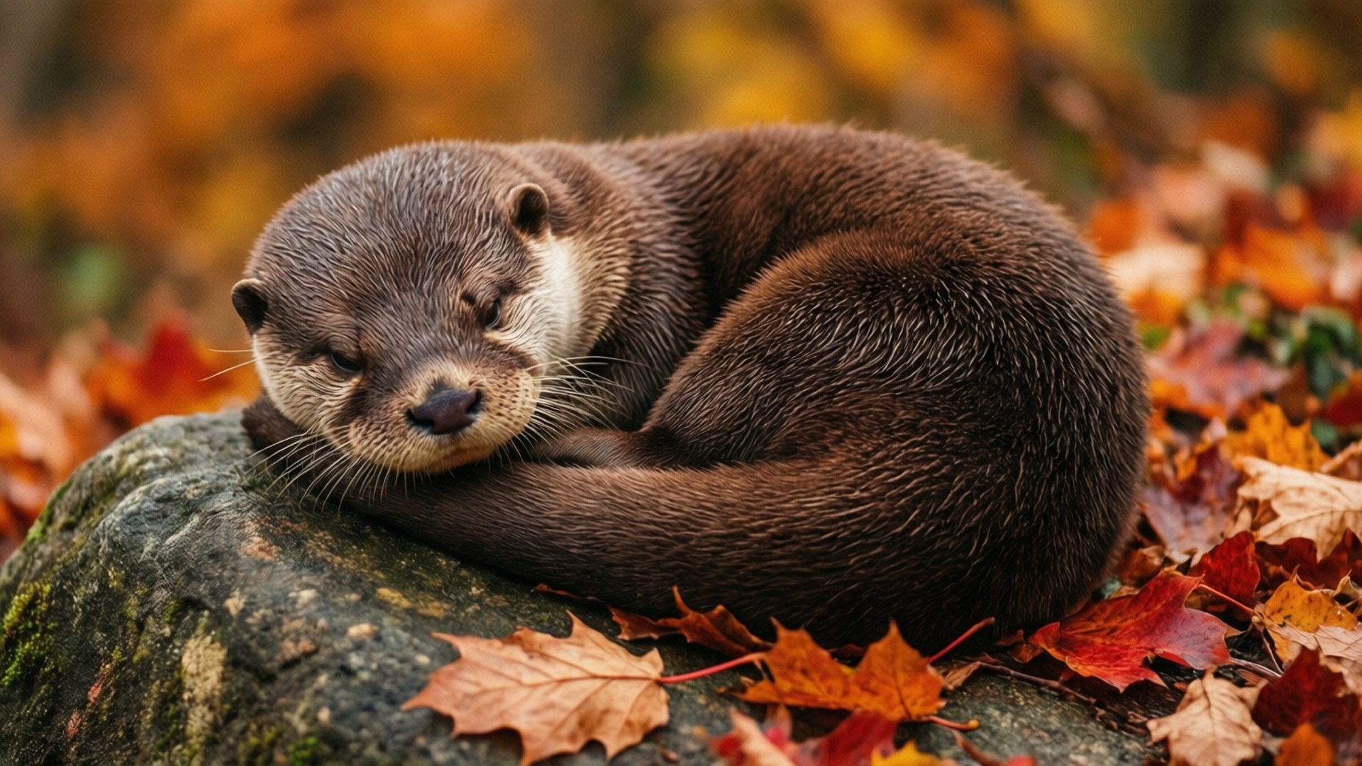 Autumn Otter Nap 壁紙 — 一隻睡眼惺忪的棕色水獺蜷縮在長滿苔蘚的石頭上，周圍是鮮豔的秋葉。