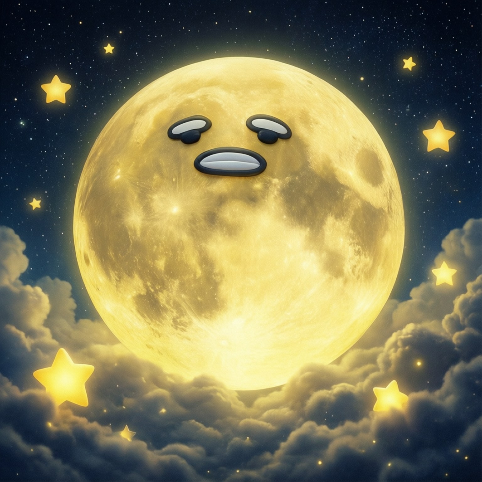 桌布 壁紙 — 一個卡通月亮帶著睡意朦朧的臉，在深藍色夜空中閃爍的黃色星星環繞的蓬鬆雲朵上方溫暖地發光。