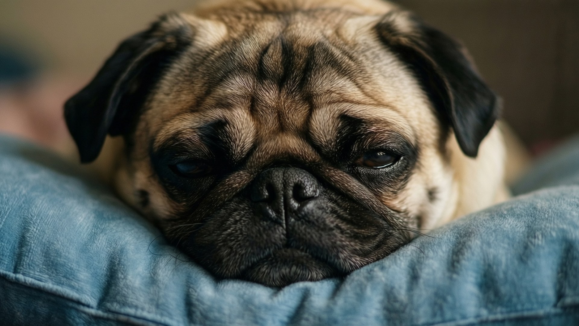 tired 桌布 壁紙 — 一隻睏倦的巴哥犬將頭枕在柔軟的牛仔布靠墊上，有著深深的皺紋和下垂的眼睛的特寫。