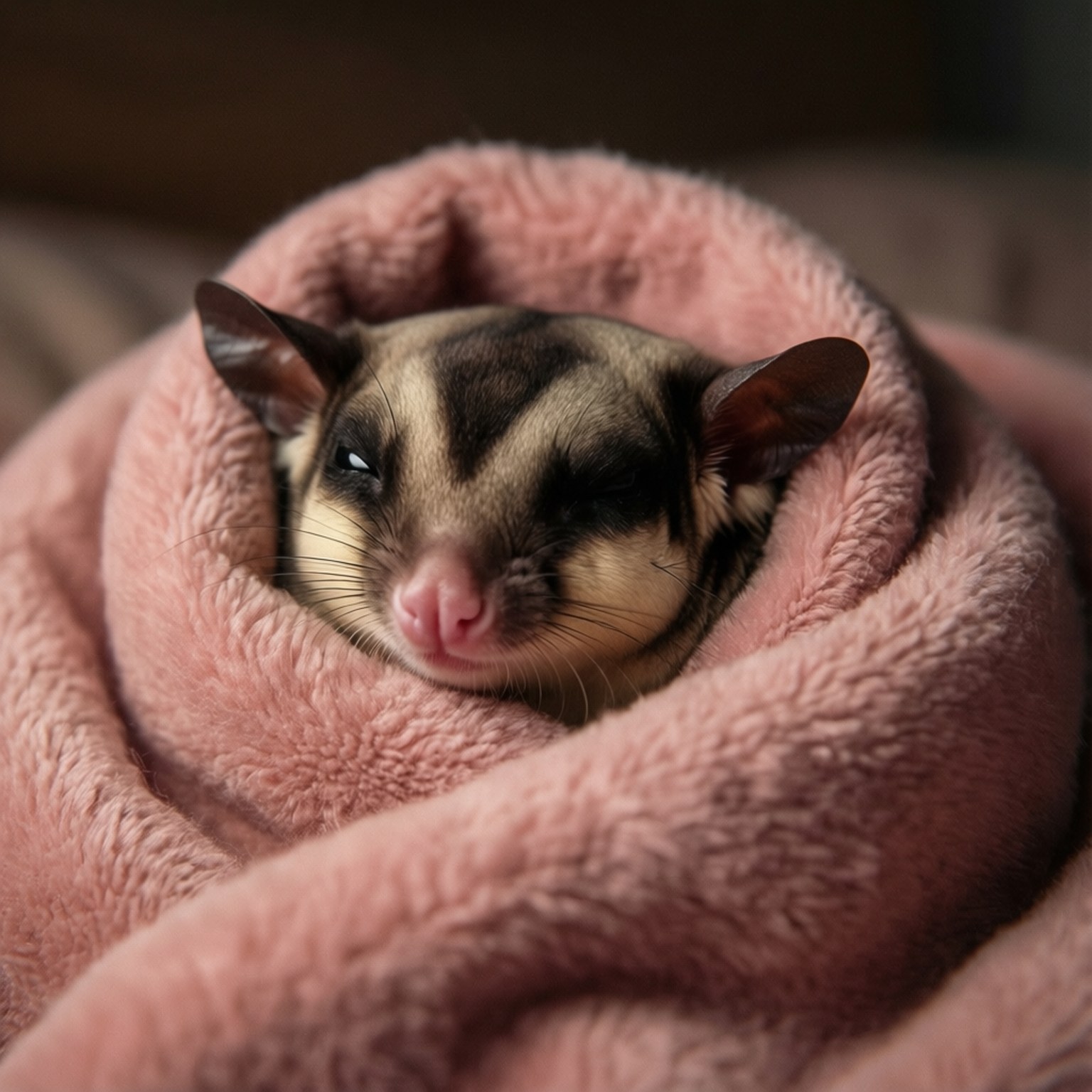 Sleeping in Pink Blanket 壁紙 — 一隻睡眼惺忪的蜜袋鼯從柔軟的粉紅色抓毛絨毯子中探出頭來，毯子緊緊包裹著牠的身體。