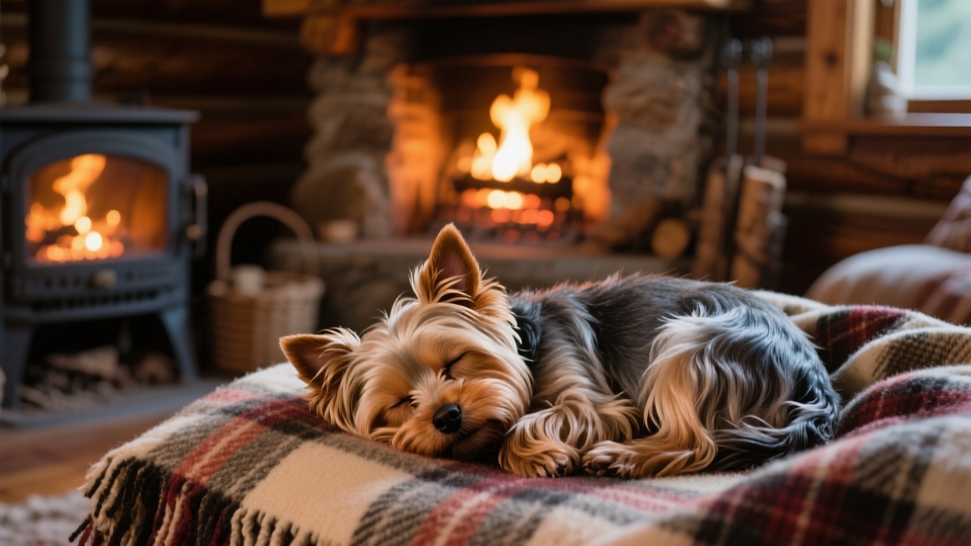 Cozy Yorkie Nap 壁紙 — 一隻睏倦的約克夏㹴在劈啪作響的石壁爐和柴火爐前，蜷縮在格子毯上。