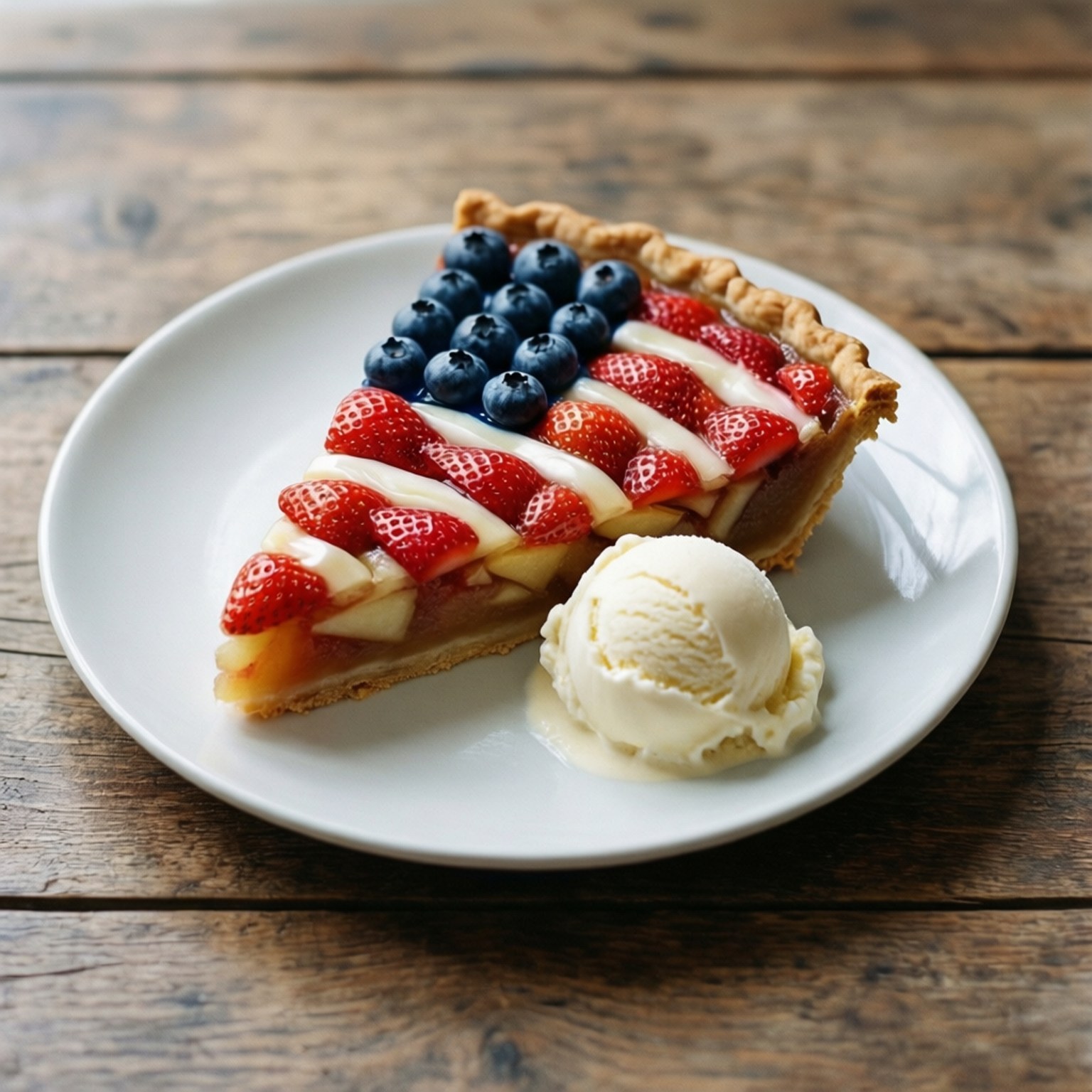 Flag Pie Dessert 壁紙 — 一塊愛國派，上面鋪滿藍莓、草莓和奶油，旁邊有香草冰淇淋，放在白色盤子上，置於鄉村風木桌上。