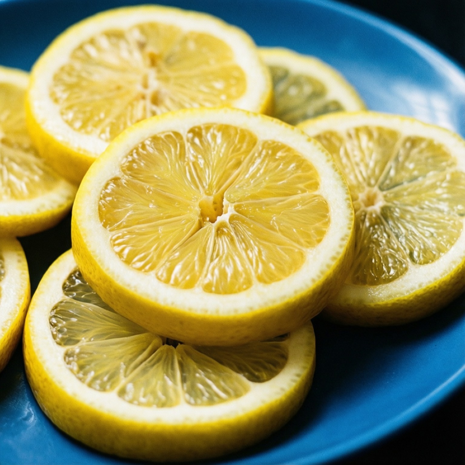 Lemon Slices Closeup 壁紙 — 切片檸檬，多汁果肉和果皮，放在一個充滿活力的藍色陶瓷碗中。