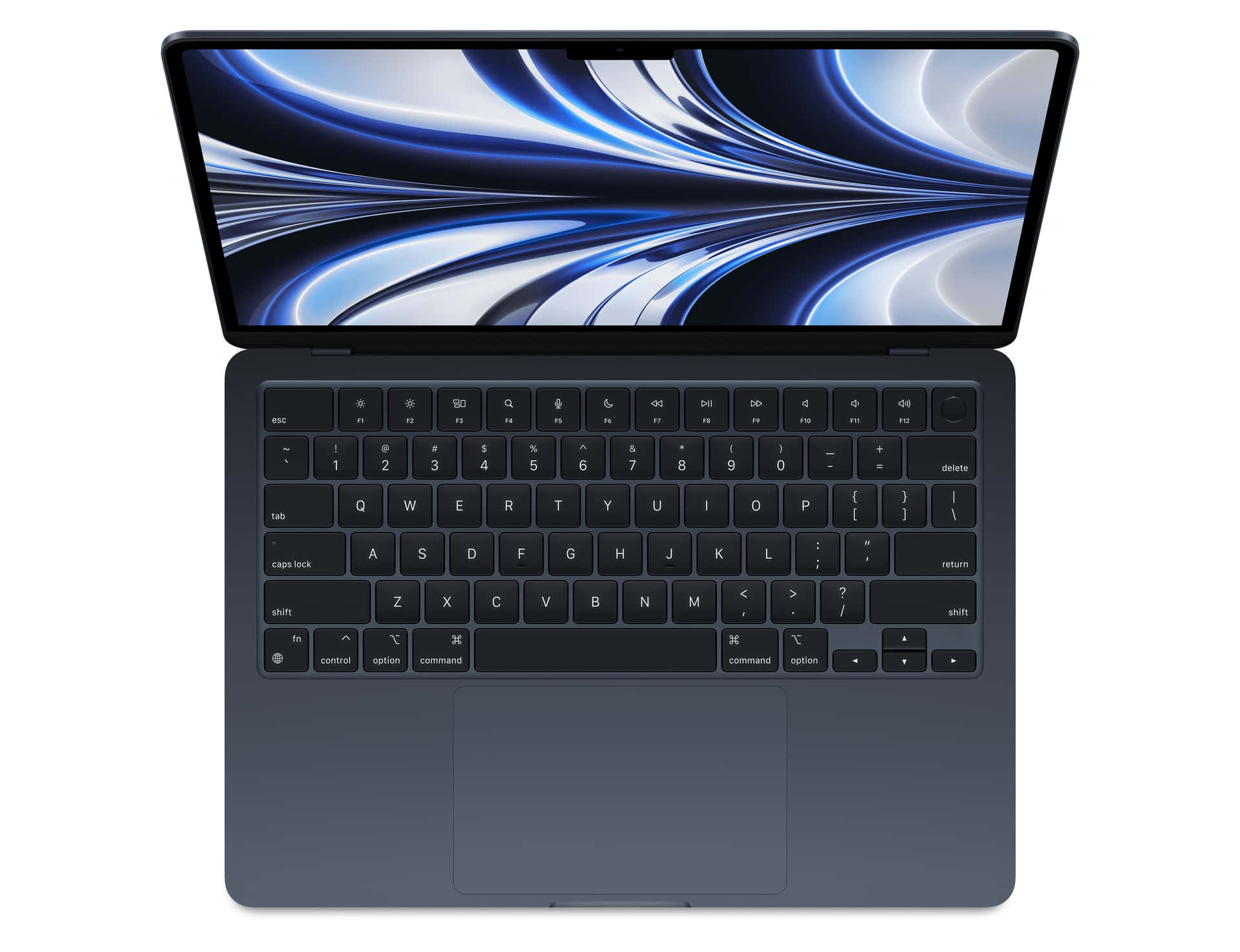 一部現代筆記型電腦，螢幕上帶有藍色抽象桌布。 — Macbook Pro 壁紙