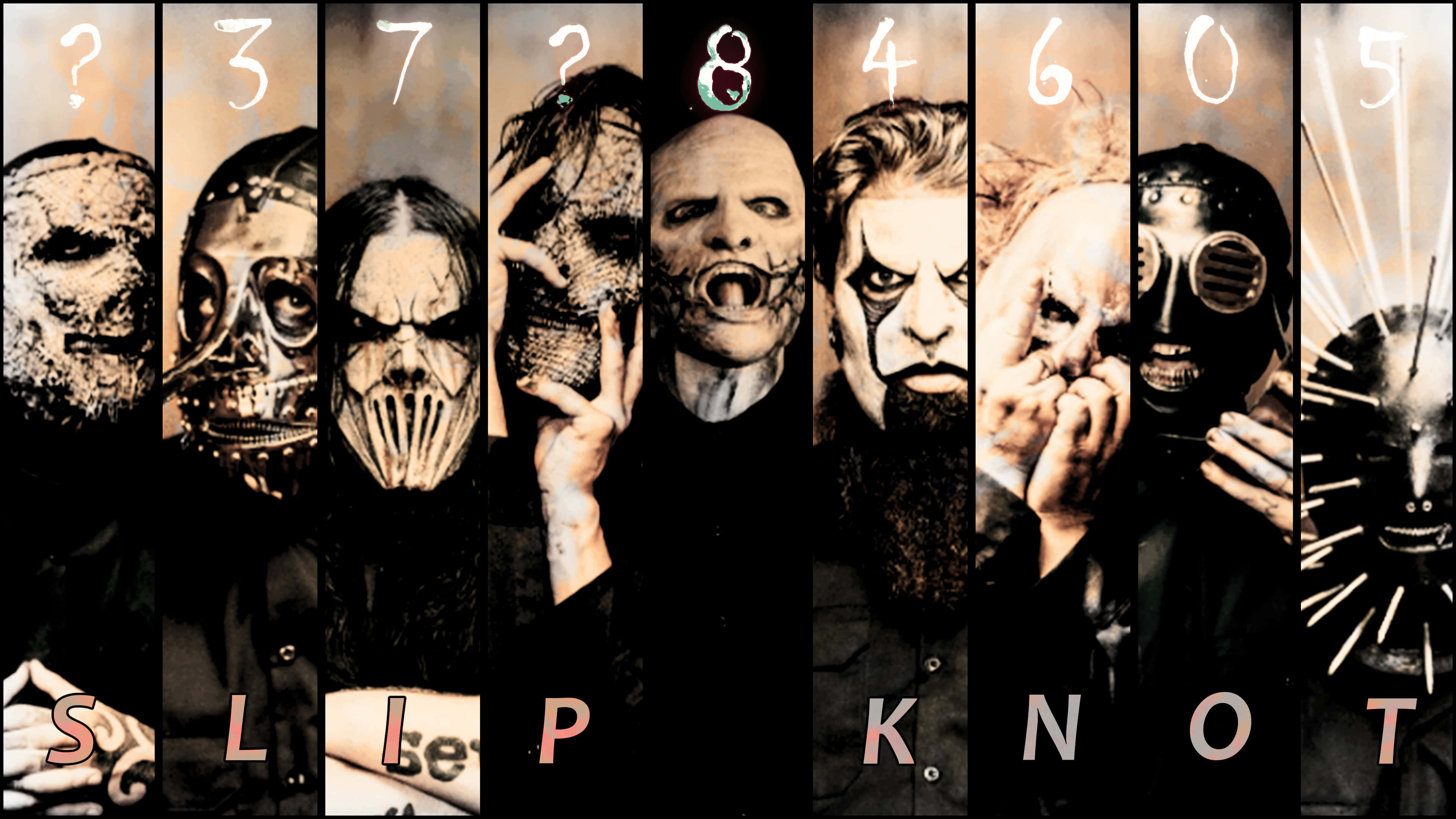 Slipknot 桌布 壁紙 — Slipknot 樂團成員以其標誌性的怪誕面具和深色服裝組成的戲劇性垂直拼貼畫。