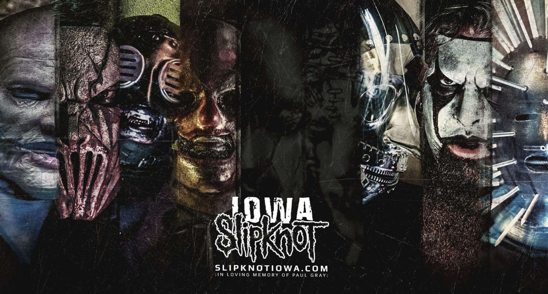 Slipknot 桌布 壁紙 — Slipknot 樂團成員的黑暗拼貼畫，他們戴著怪誕的面具，表情強烈，背景粗糙有紋理。
