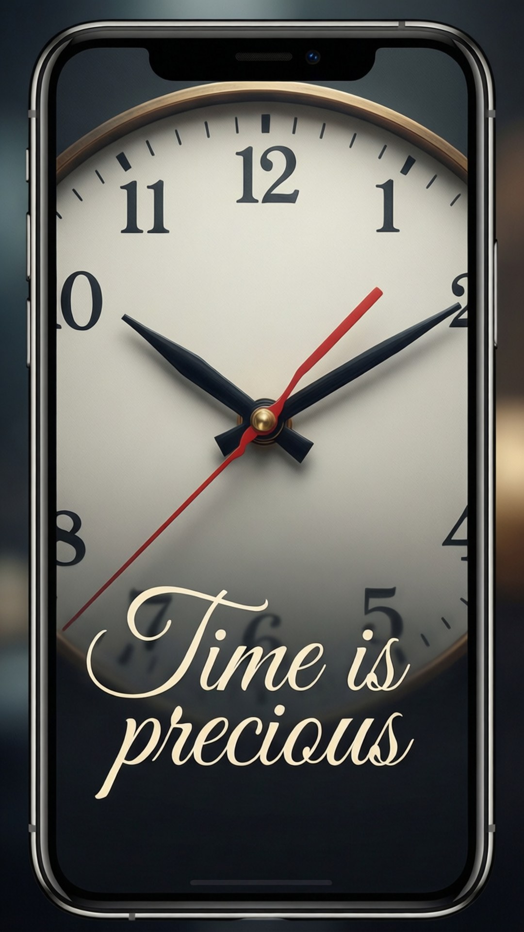 Time is Precious 壁紙 — 智慧型手機顯示一個經典的指針時鐘，帶有粗黑指針和紅色秒針，奶油色錶盤上以優雅的金色字體寫著'Time is precious'。