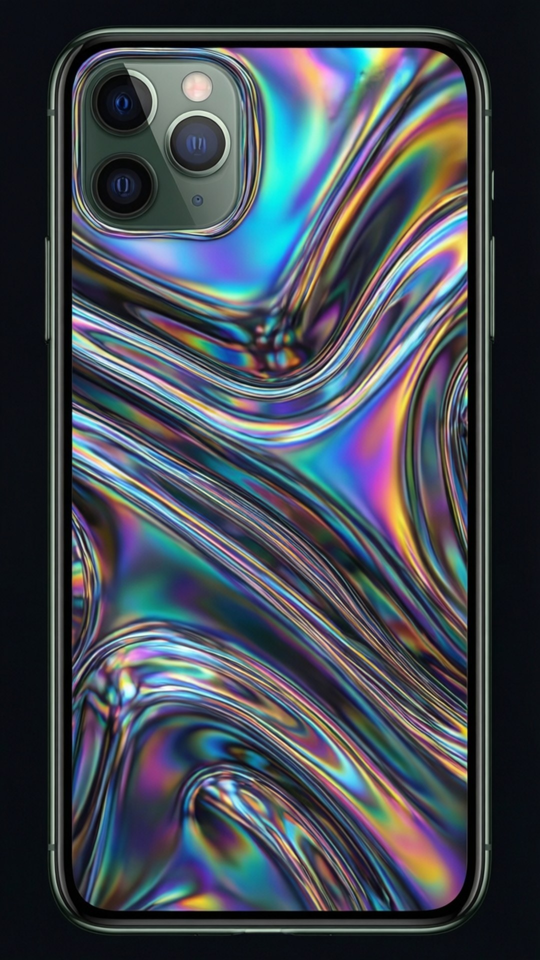 手機螢幕顯示旋轉的彩虹色抽象圖案，帶有金屬藍、紫和金色調。 — iPhone 11 壁紙