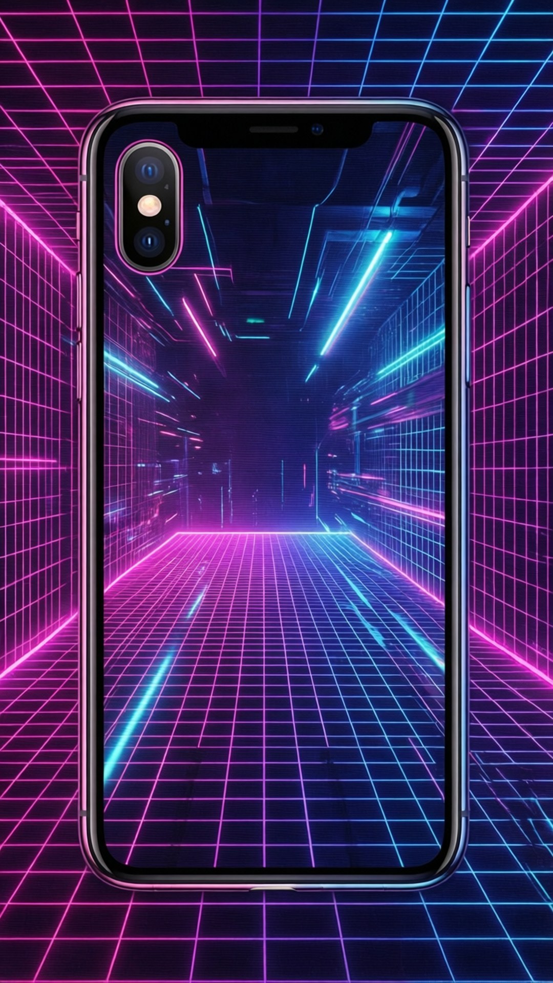 Neon Grid iPhone X 壁紙 — 一部智慧型手機，帶有粉紅色和藍色燈光閃爍的霓虹網格隧道桌布。
