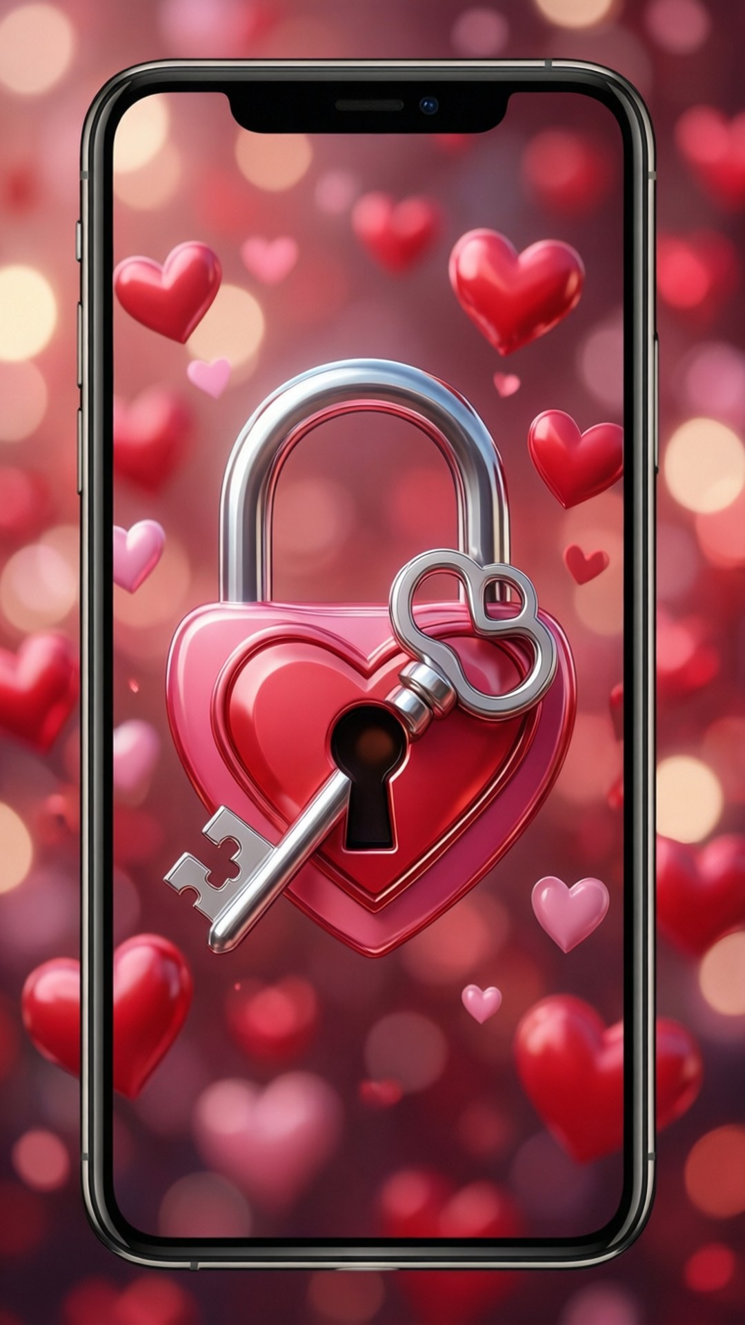 Romantic Phone Love Lock 壁紙 — 智慧型手機顯示一個閃亮的紅色心形掛鎖，插著銀色鑰匙，背景是模糊的漂浮心形。