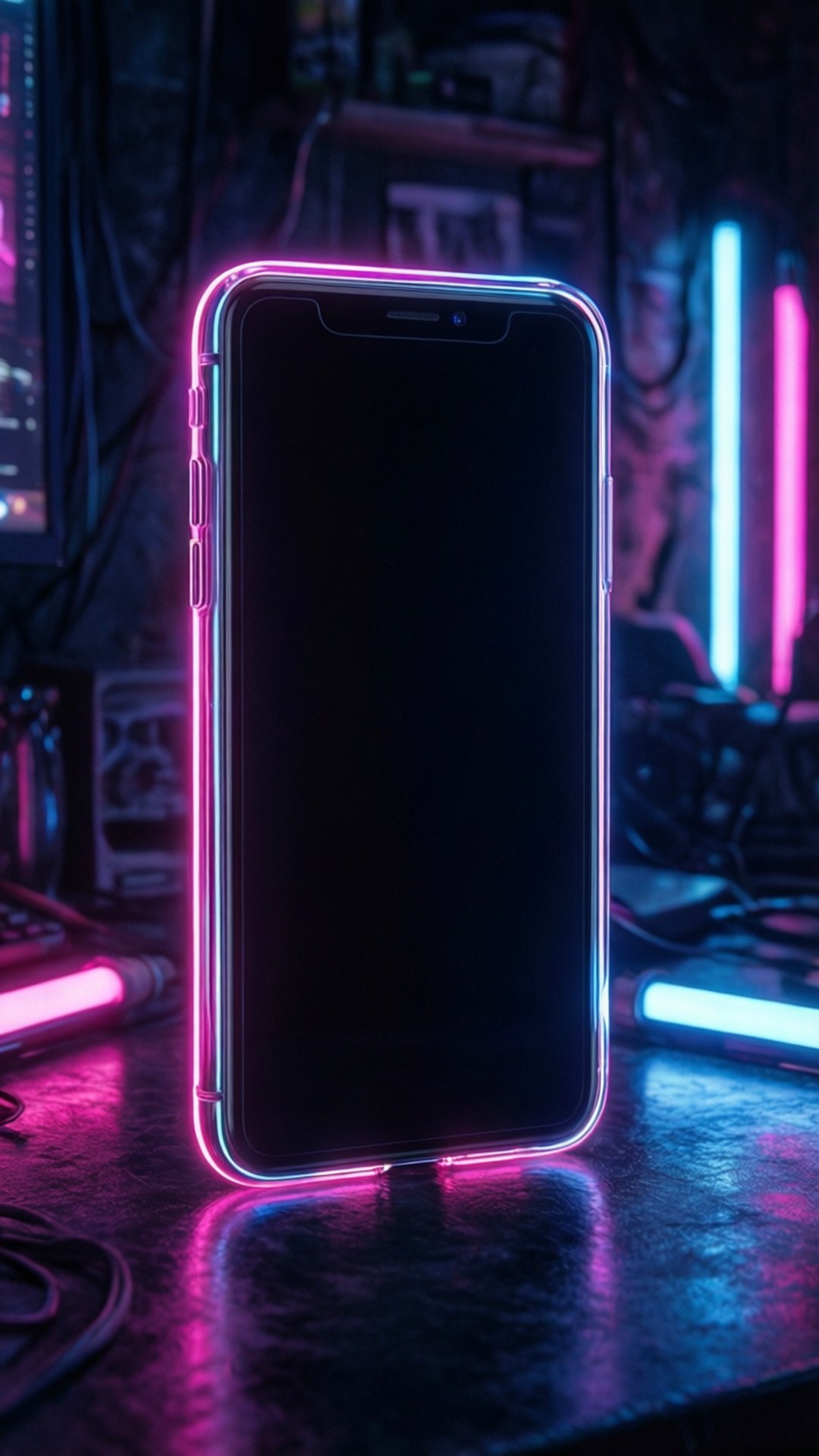 Neon Edge iPhone XR 壁紙 — 一部智慧型手機，邊緣帶有發光的粉紅色和藍色霓虹燈，放置在深色反光表面上，處於科技主題房間內。