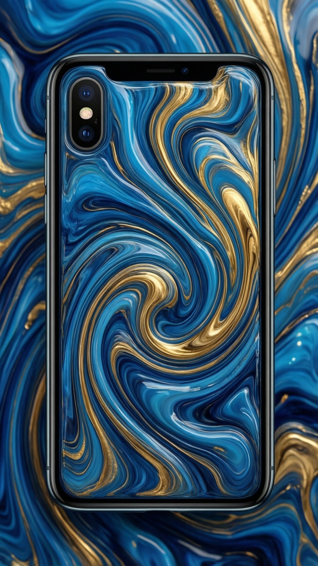 Liquid iPhone X 壁紙 — 一部智慧型手機，顯示旋轉的藍色和金色大理石紋理桌布，背景為匹配的抽象圖案。