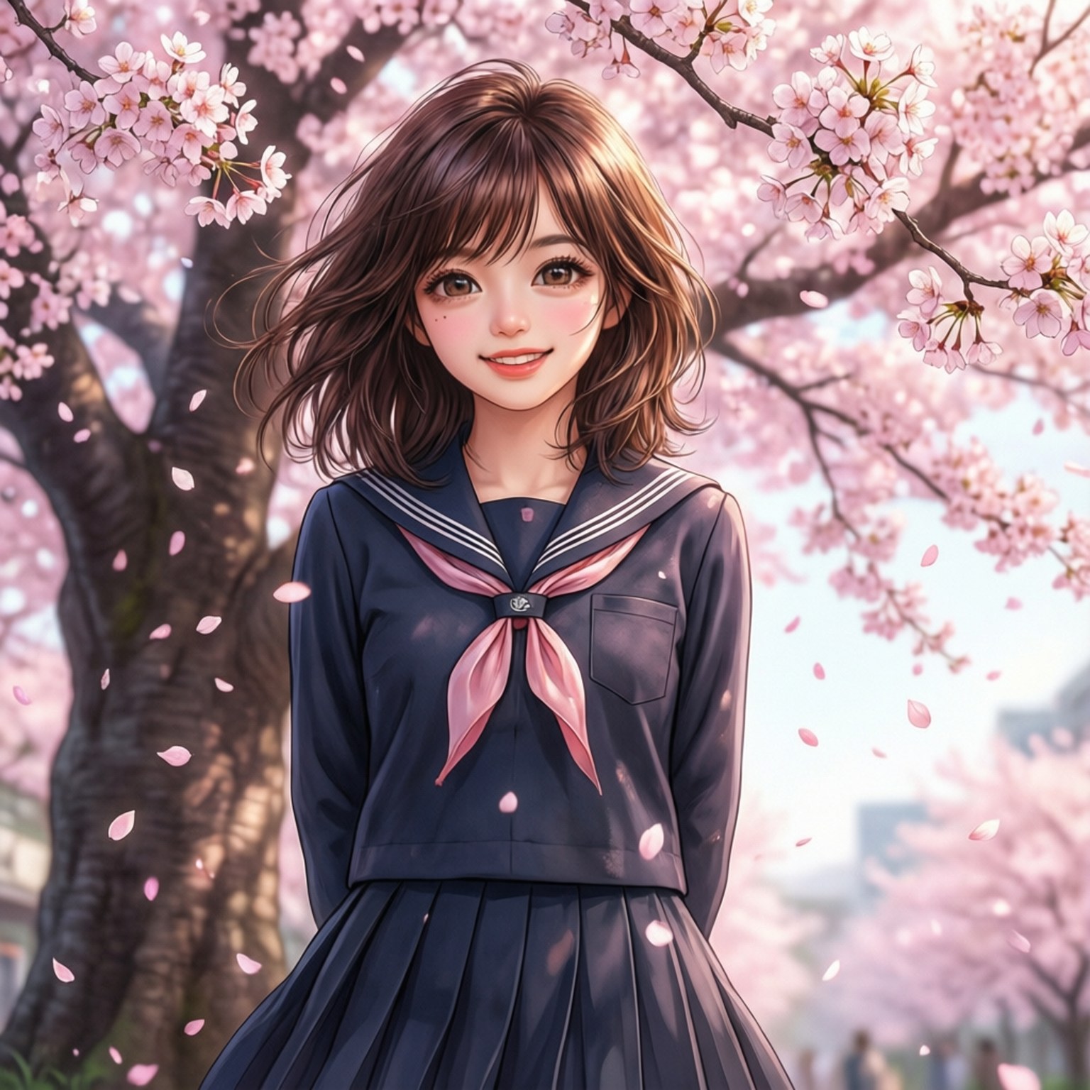 櫻島麻衣 桌布 壁紙 — 一個微笑的動漫女孩穿著海軍水手服，站在盛開的櫻花樹下，花瓣在她周圍飄落。