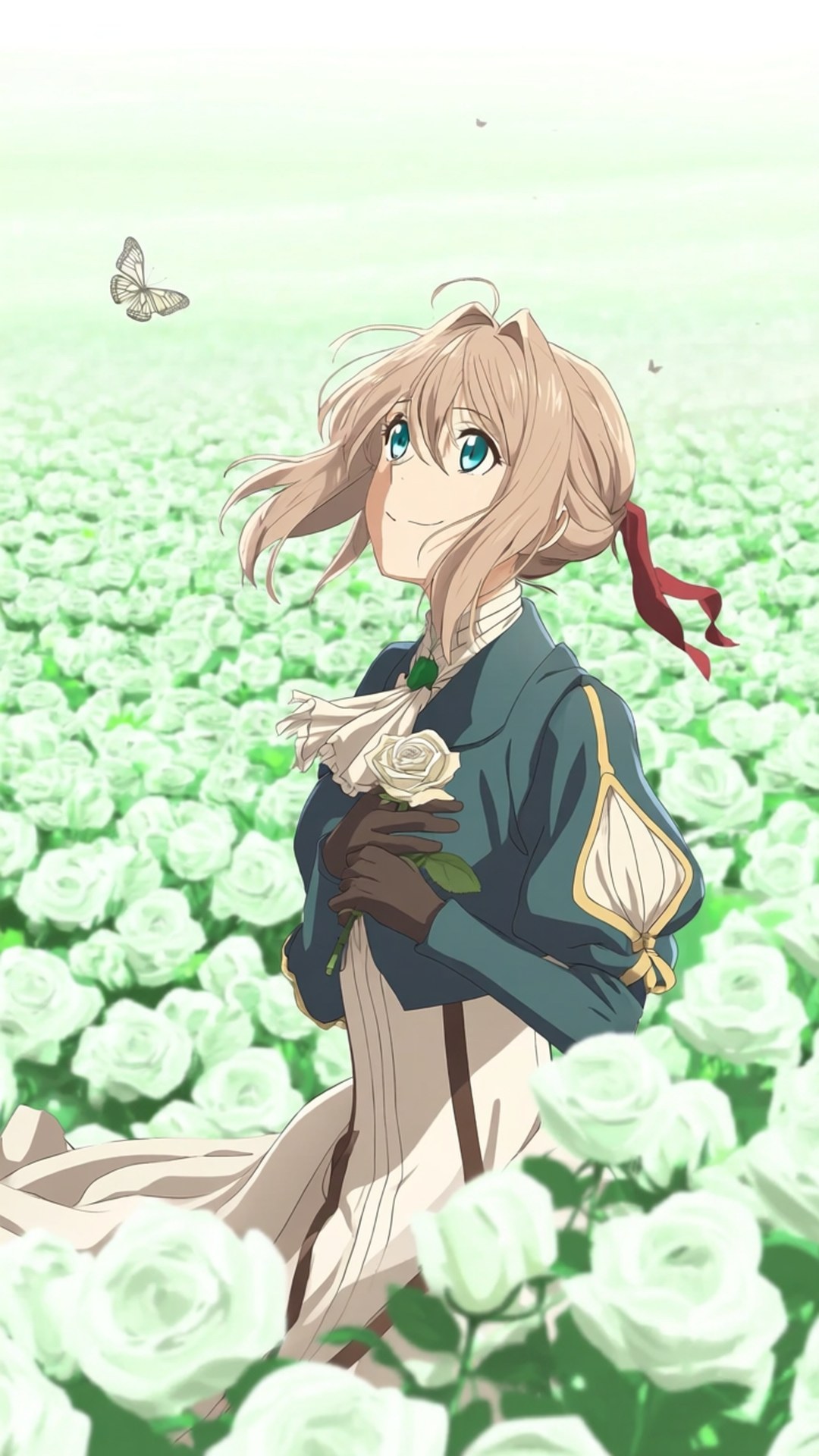 Field of White Roses 壁紙 — 一個微笑的動漫女孩，藍眼睛，金髮，在白色玫瑰田中手持一朵白玫瑰，柔和的綠色天空下，附近有蝴蝶飛舞。