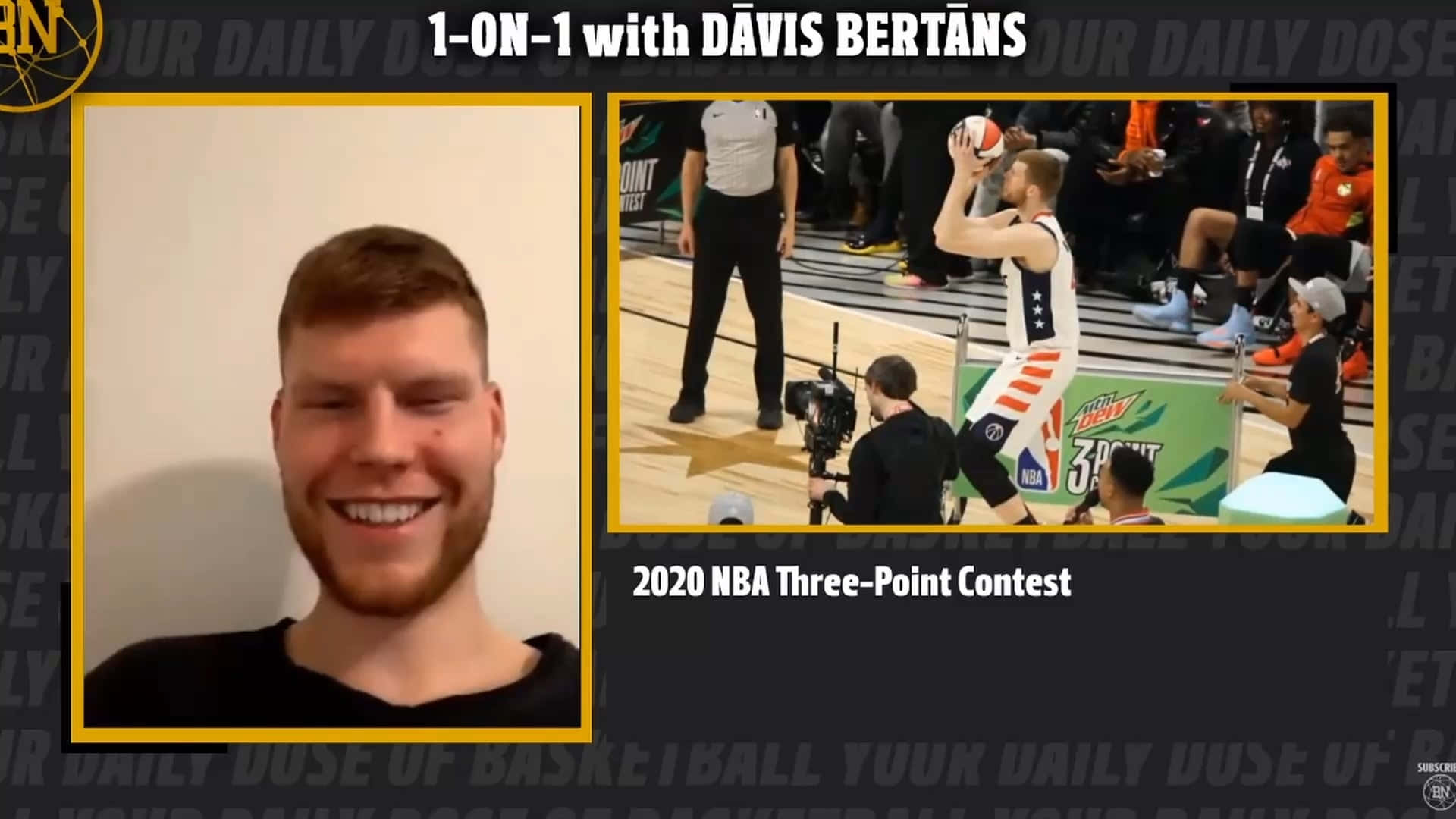 籃球運動員在視訊通話中微笑，旁邊是NBA三分球大賽投籃。 — NBA 壁紙
