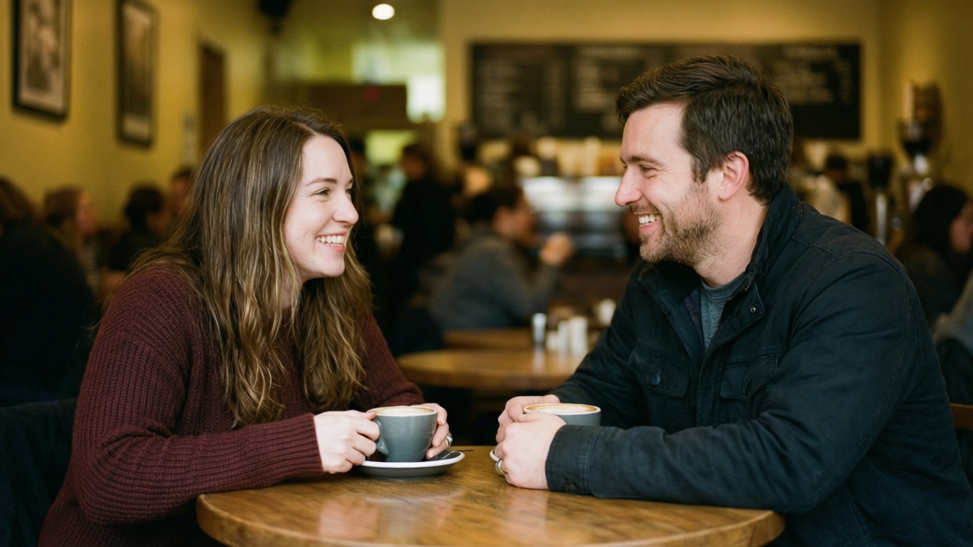 Coffee Date Romance 壁紙 — 一對微笑的情侶在舒適的咖啡桌旁分享咖啡，背景有溫暖的燈光和模糊的顧客。