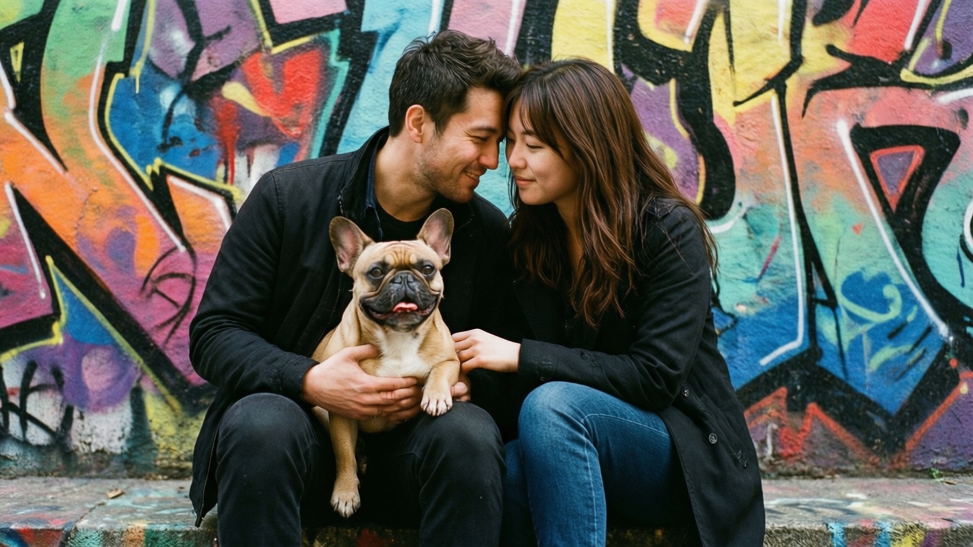 Frenchie and Kimiko 壁紙 — 一對微笑的情侶緊貼坐在樓梯上，抱著一隻法國鬥牛犬，背景是充滿活力的塗鴉牆。