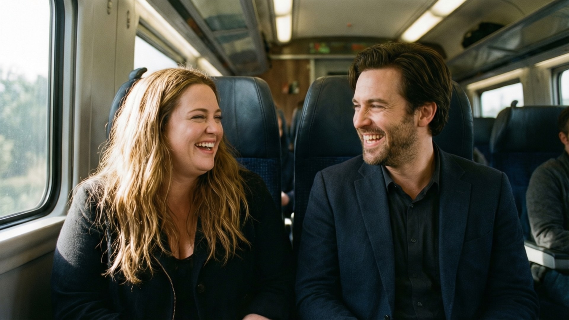 Train Laughter 壁紙 — 一對微笑的情侶在陽光普照的火車上相對而坐，窗外綠意盎然，他們一起大笑。