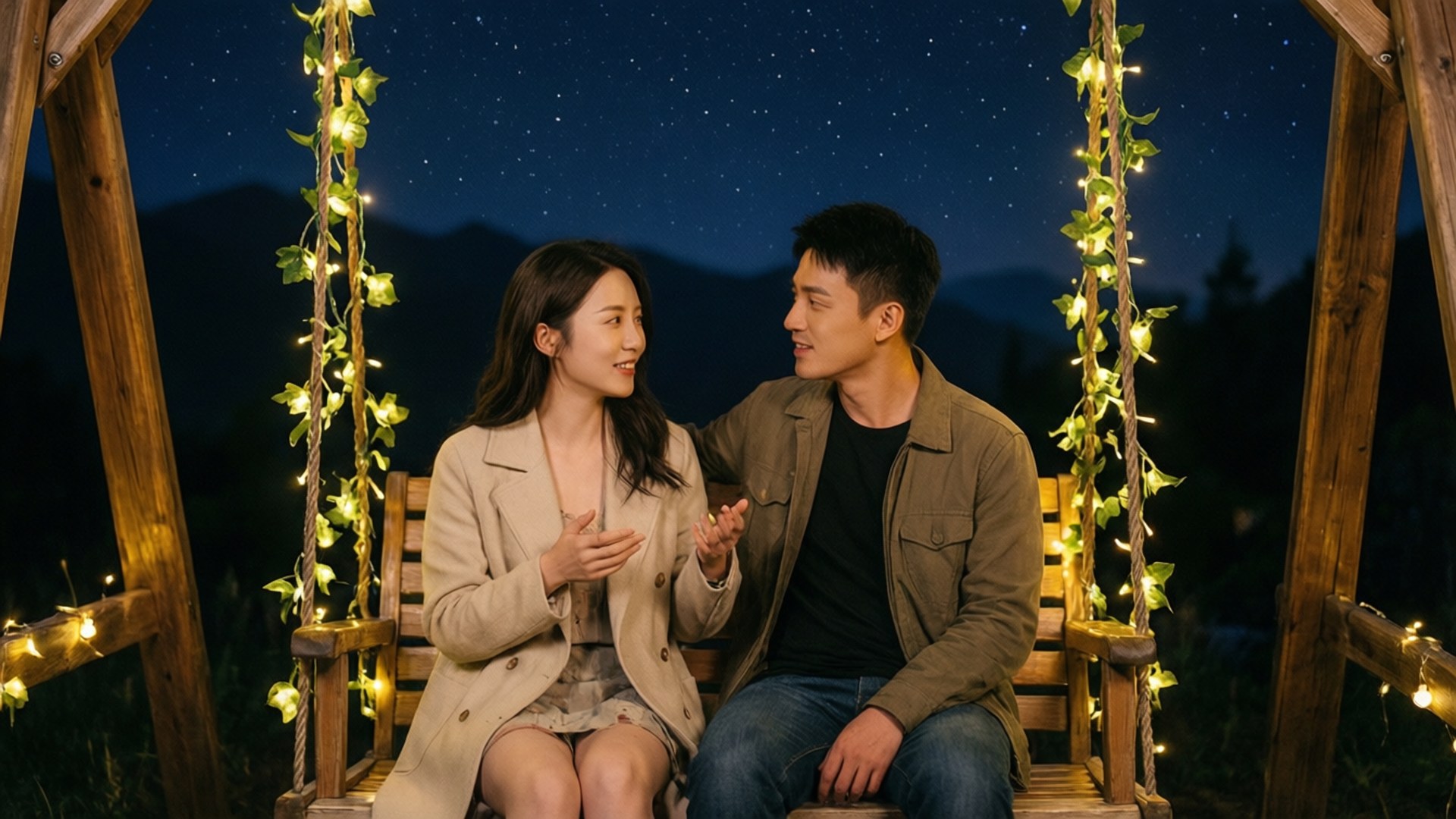 Swing Under Stars 壁紙 — 一對微笑的情侶緊靠著坐在木鞦韆上，背景是繁星點點的夜空，周圍掛滿了閃爍的串燈。