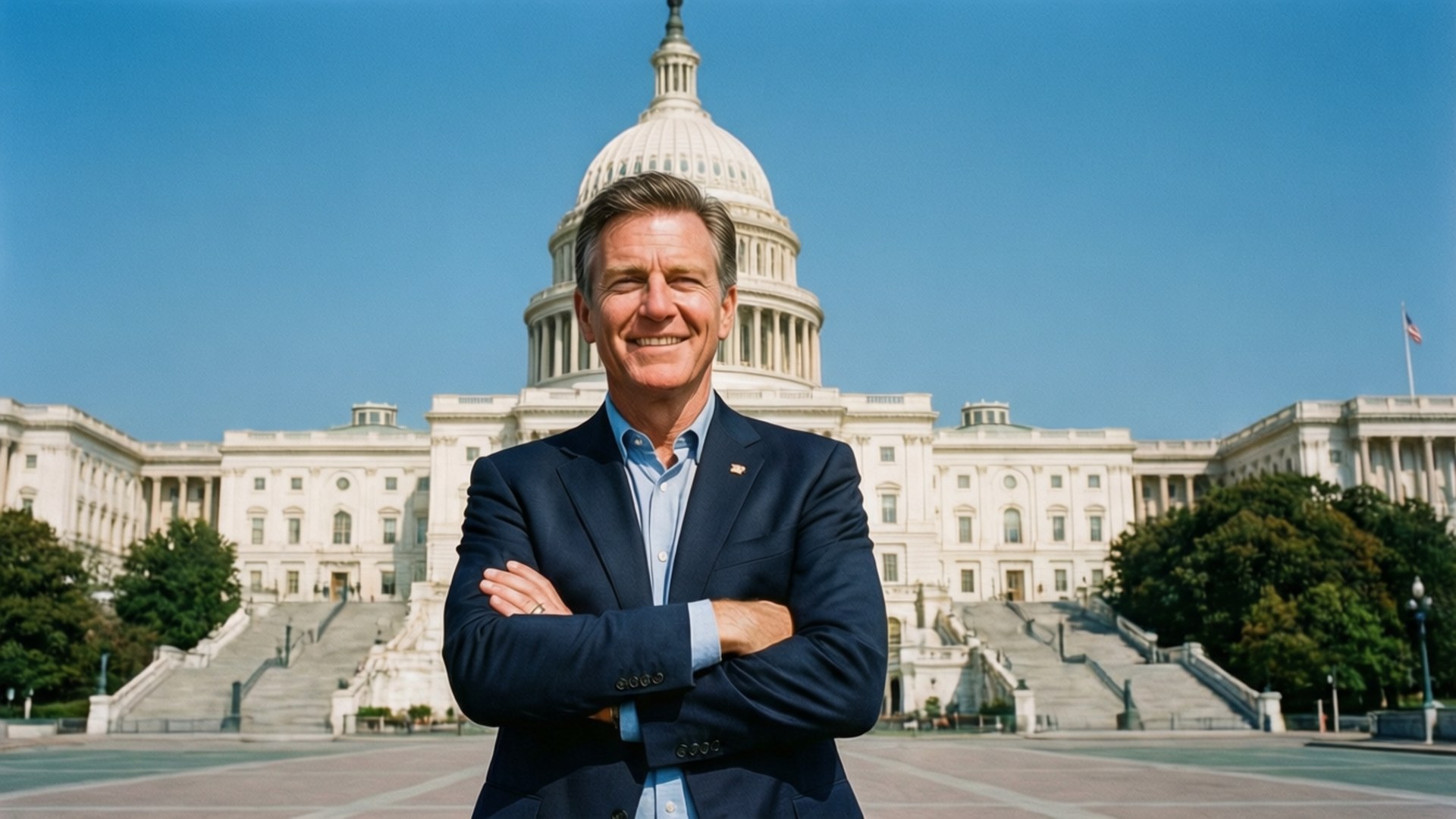 Capitol Presence 壁紙 — 一位微笑的西裝男子自信地交叉雙臂，站在標誌性的美國國會大廈前，背景是晴朗的藍天。