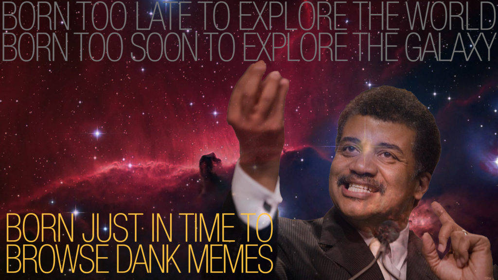 西裝男子微笑舉手，背景是繁星點點的星雲，帶有迷因文字。 — Meme 壁紙