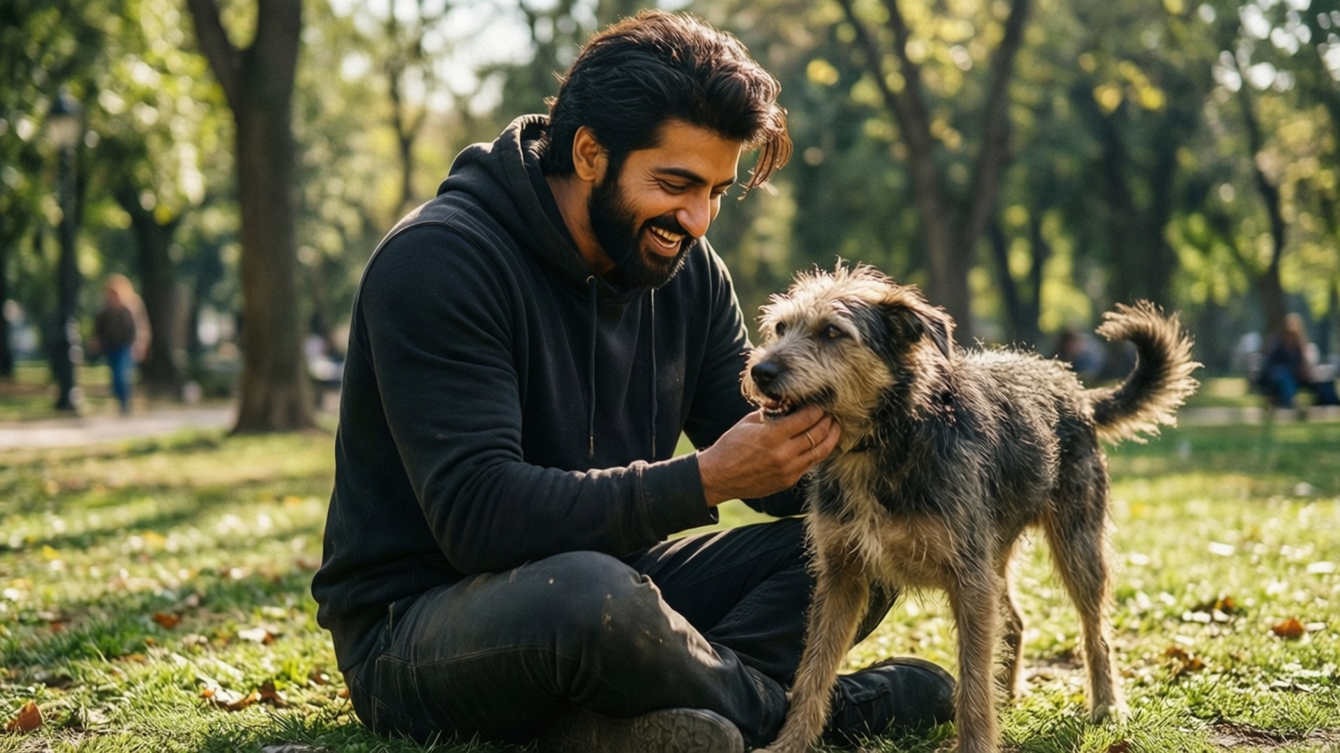 Playful Park Dog Love 壁紙 — 一個微笑的男人穿著黑色連帽衫跪在草地上，撫摸一隻邋遢的爹利混種犬，在陽光明媚的公園裡，有樹木和落葉。