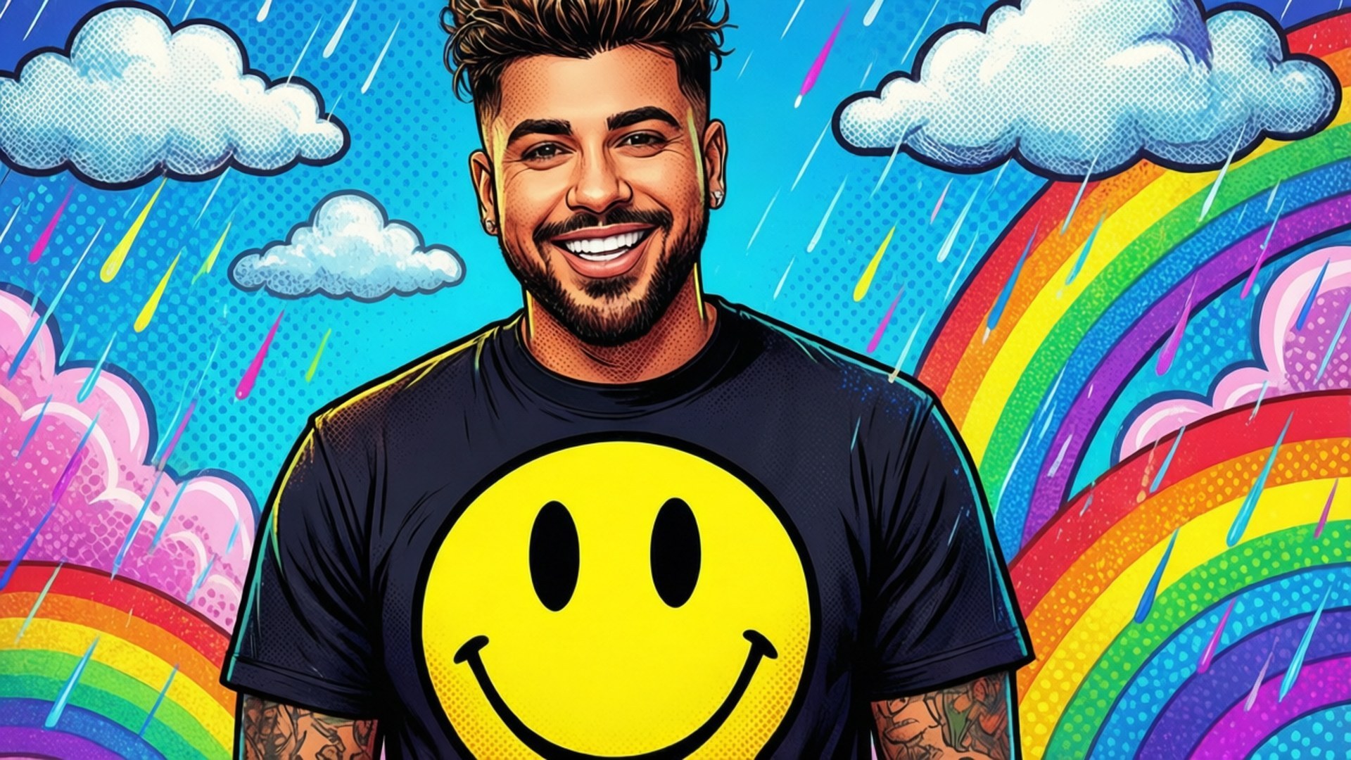 Cartoon Smiley Pop 壁紙 — 一個微笑的男人穿著黃色笑臉襯衫，站在藍天下，面前是鮮豔的彩虹和卡通雲朵，雨水落下。