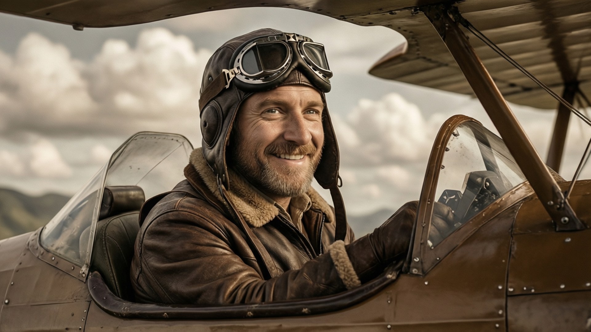 Olaf Aviator Pilot 壁紙 — 一位微笑的飛行員穿著復古皮革飛行裝備和護目鏡，自信地坐在經典雙翼機的駕駛艙內，天空多雲。
