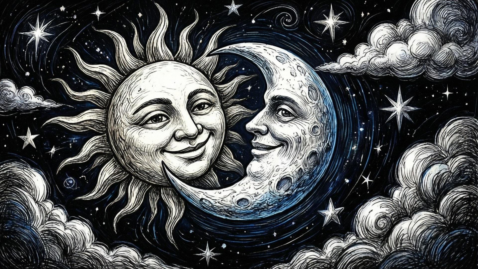 Cosmic Sun and Moon Dance 壁紙 — 微笑的太陽和月亮臉龐在繁星點點的夜空下擁抱，周圍有旋轉的雲朵和閃爍的星星。