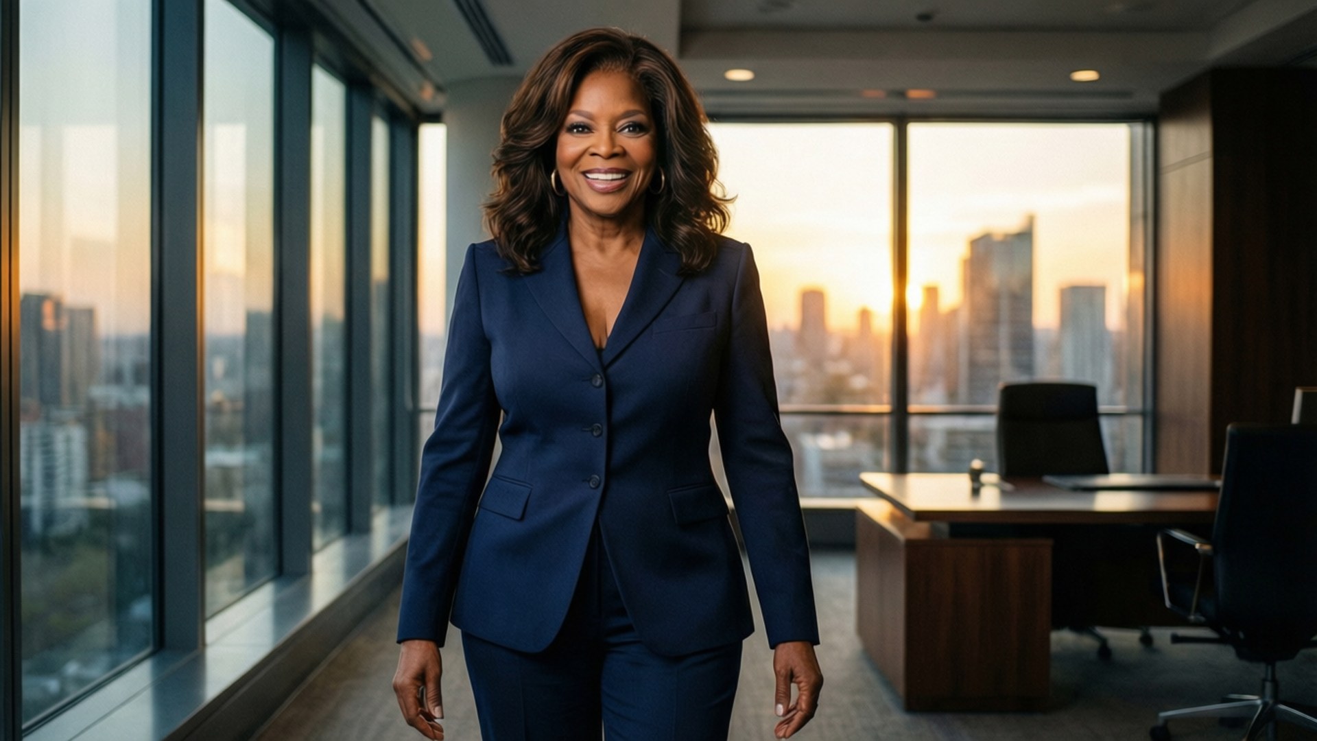 Confident Oprah Power Suit 壁紙 — 一位微笑的女性穿著海軍藍西裝，自信地走過一個現代化辦公室，辦公室有落地窗，可俯瞰日落時分的城市天際線。