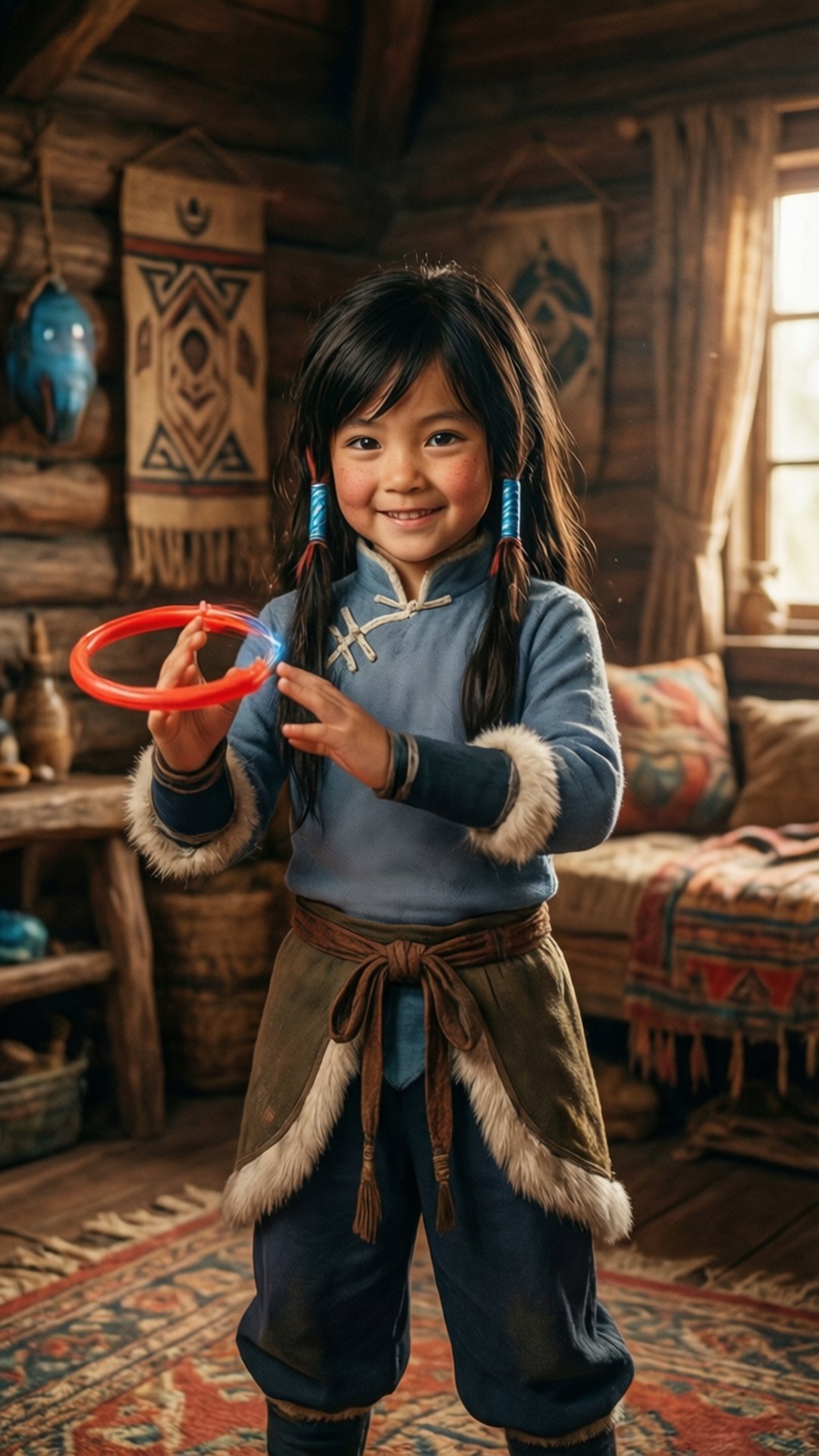 Young Korra Playful 壁紙 — 一個微笑的年輕女孩穿著傳統藍色和棕色服裝，在一個有圖案紡織品和溫暖陽光的質樸木屋內拿著一個紅色圓環。