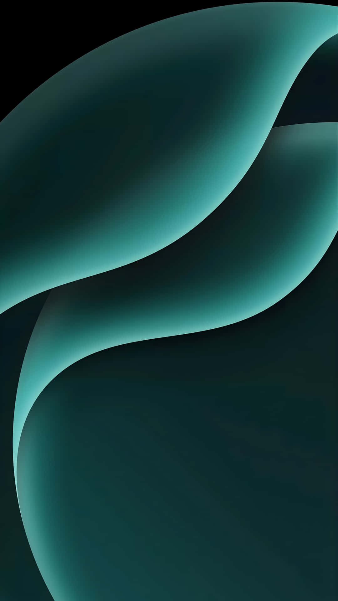  壁紙 — 平滑的藍綠色發光曲線在深黑色背景上流動，呈現極簡抽象設計。