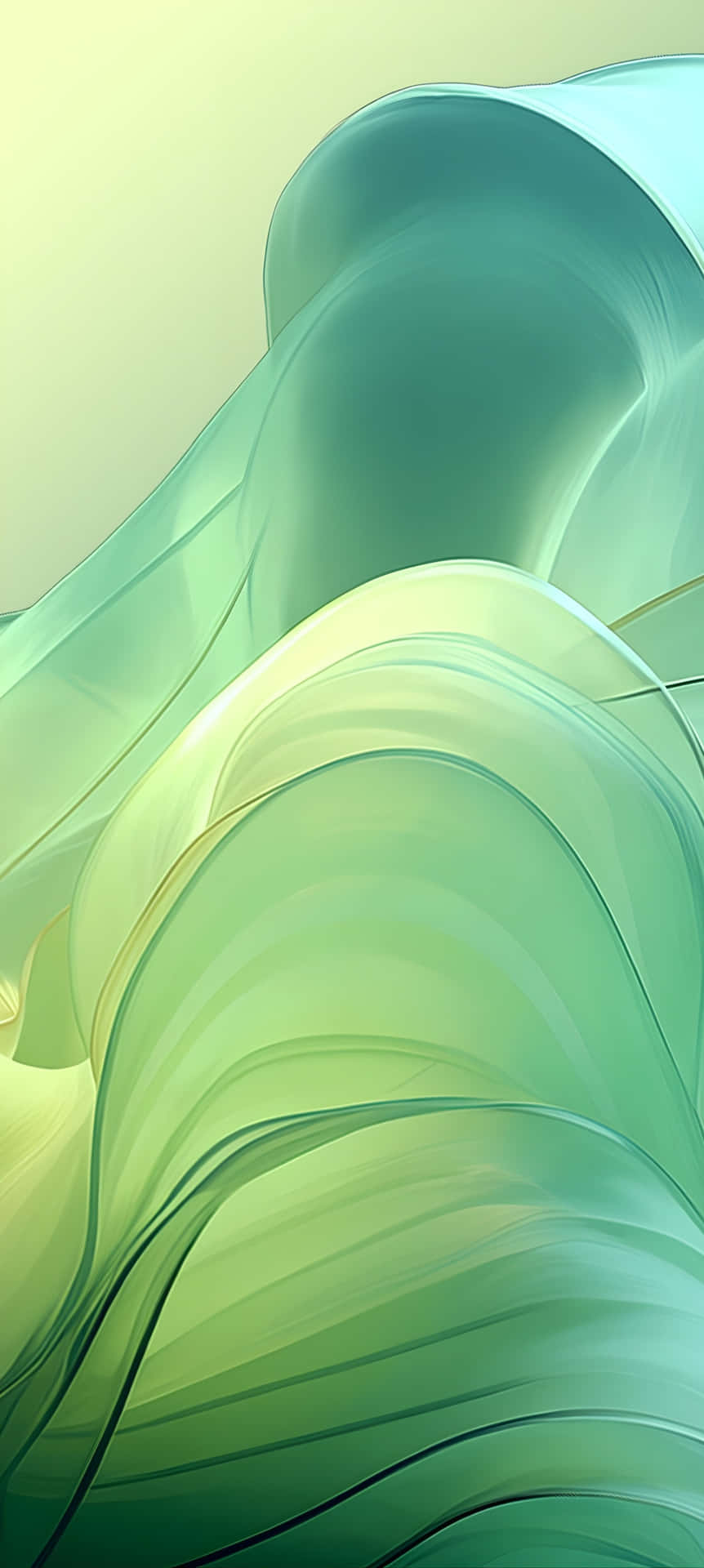  壁紙 — 光滑半透明的綠色和藍綠色波浪在柔和的黃色漸變背景上優雅地流動。