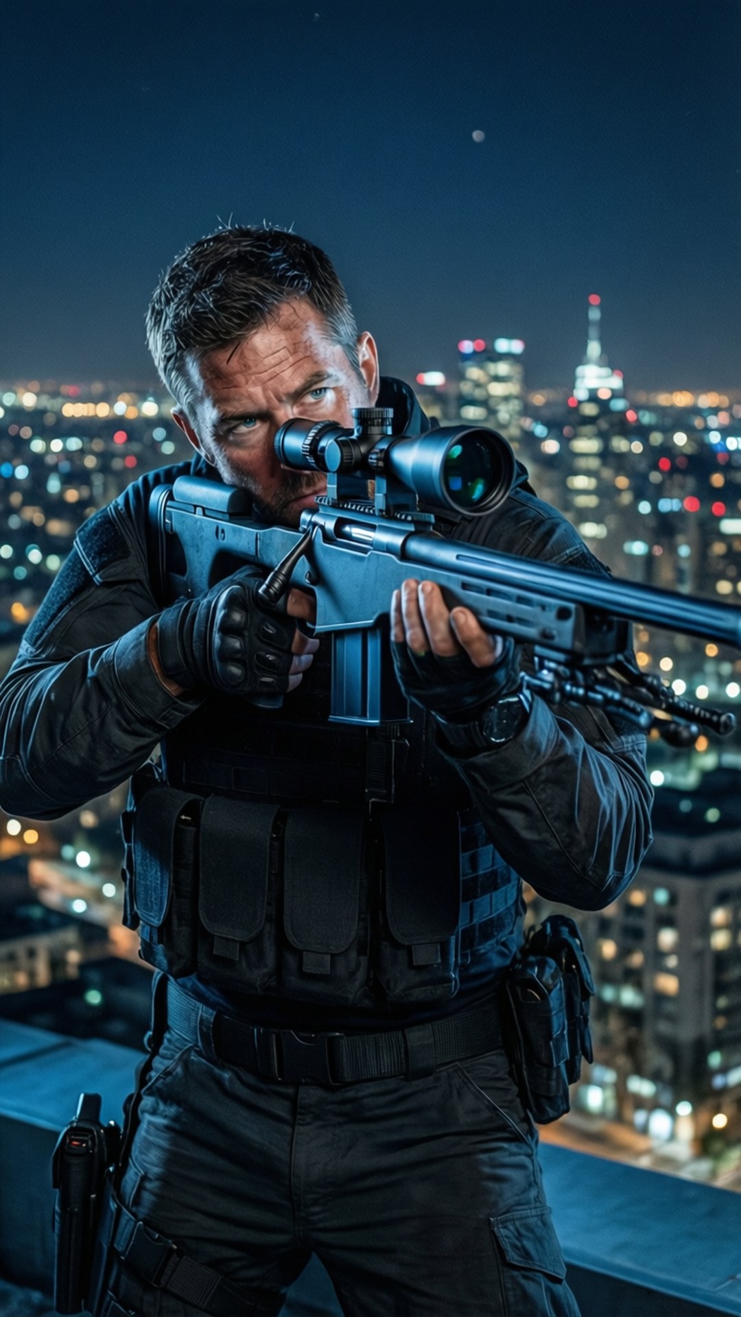 Moran the Sniper 壁紙 — 一名身穿戰術裝備的狙擊手在夜間於屋頂上瞄準步槍，背後是發光的城市天際線。
