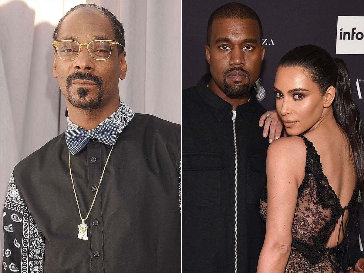 Smile 桌布 壁紙 — Snoop Dogg 戴著金邊眼鏡和圖案領結，與Kanye West和Kim Kardashian一起出席紅毯活動。
