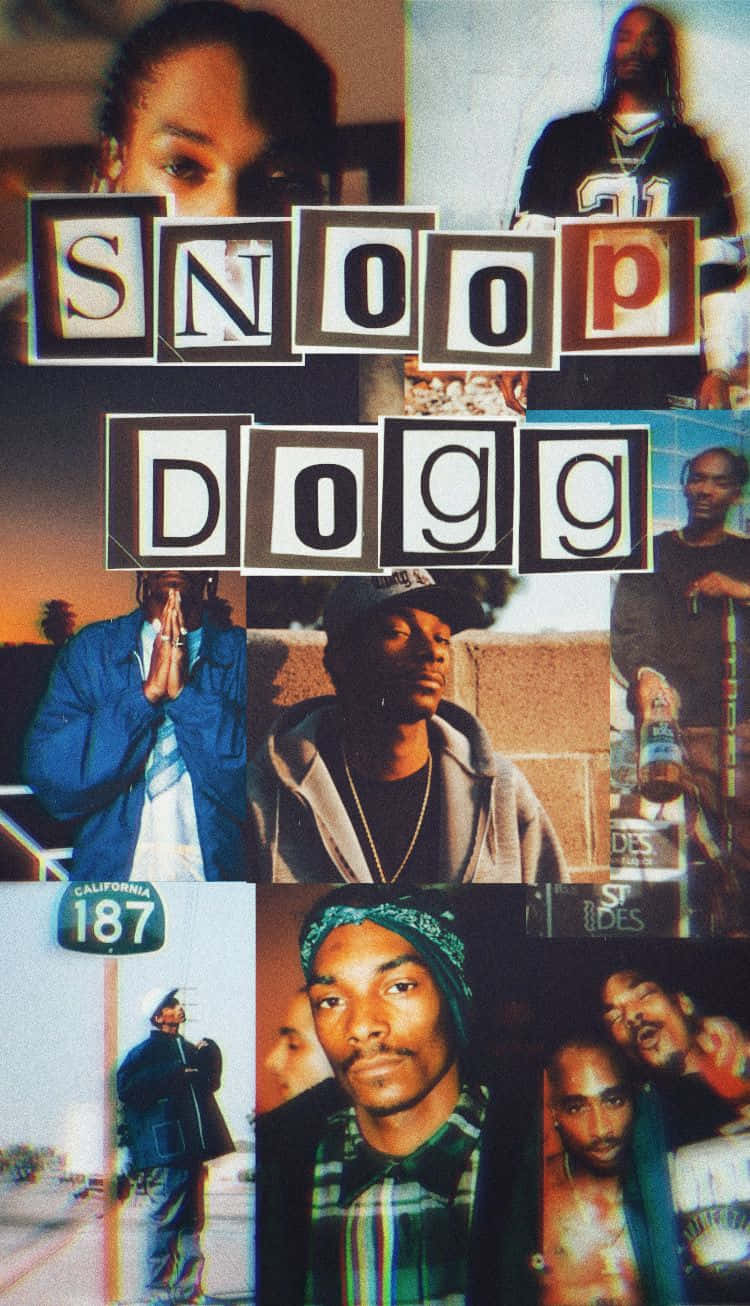桌布 壁紙 — Snoop Dogg 的各種姿勢和造型拼貼，中間有粗體字拼出他的名字。