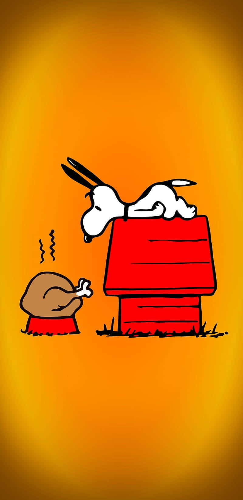  壁紙 — 史努比躺在他的紅色狗屋上，胡士托在他旁邊嘰嘰喳喳，背景是溫暖的橙色漸層。