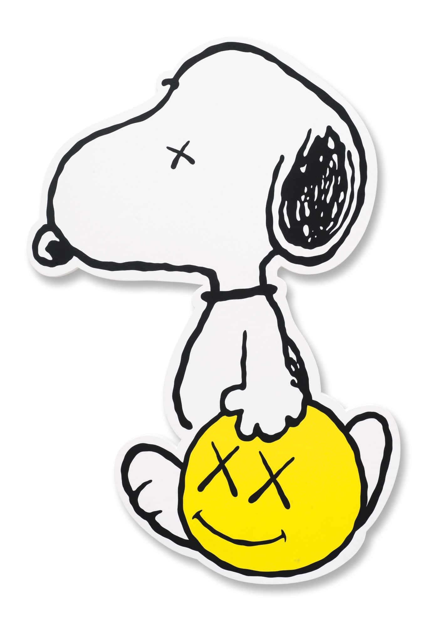 Kaws Snoopy 桌布 壁紙 — Snoopy 帶有X眼睛，手持一個帶有X眼睛的黃色笑臉，極簡黑白插圖。