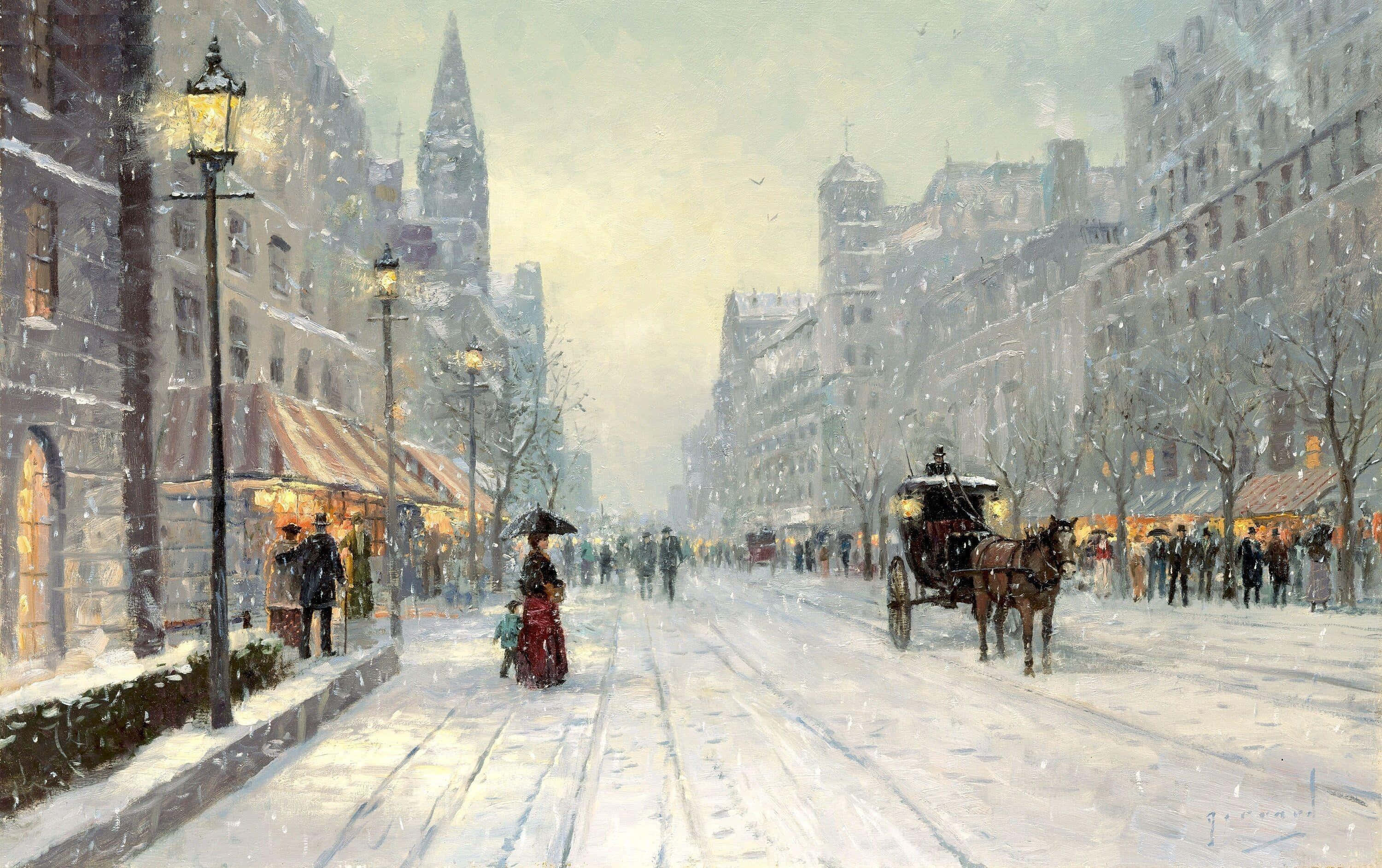 Winter Cityscape 桌布 壁紙 — 白雪覆蓋著繁華的城市街道，馬車和行人在閃爍的煤氣燈下穿行於冬日場景中。