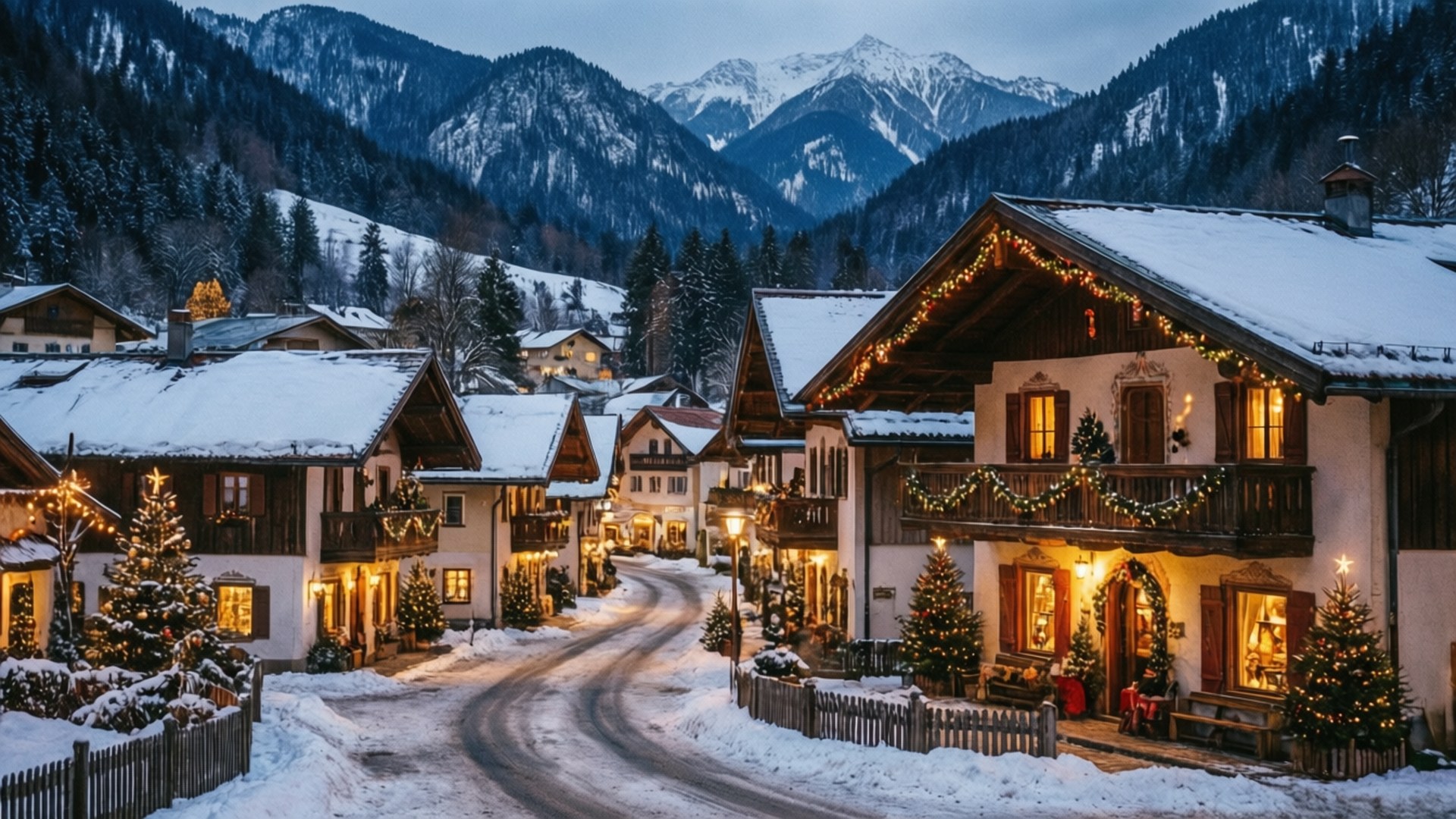 Leavenworth Winter 壁紙 — 白雪覆蓋著舒適的阿爾卑斯山村，黃昏時溫暖的燈光從窗戶透出，裝飾的樹木沿著蜿蜒的道路排列。