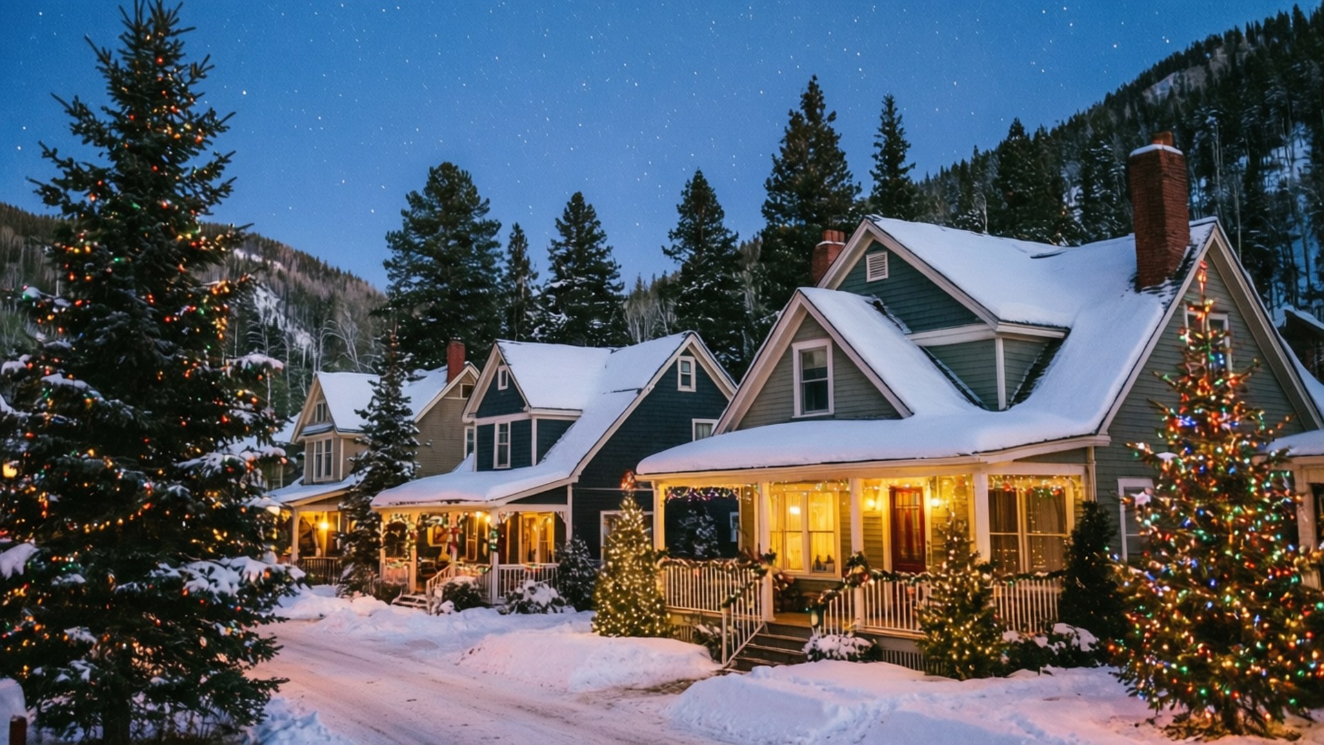 Aspen Winter Wonderland 壁紙 — 白雪覆蓋著舒適的小屋，裝飾著閃爍的聖誕燈飾，在繁星點點的冬日天空下。