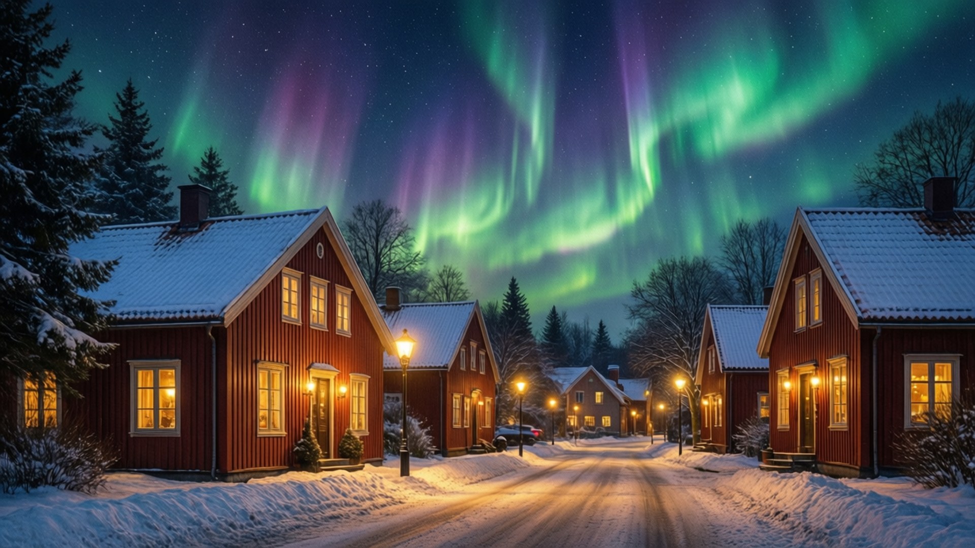 Arendal 桌布 壁紙 — 白雪覆蓋著紅色木屋，鮮豔的綠色和紫色極光在繁星點點的夜空中舞動。