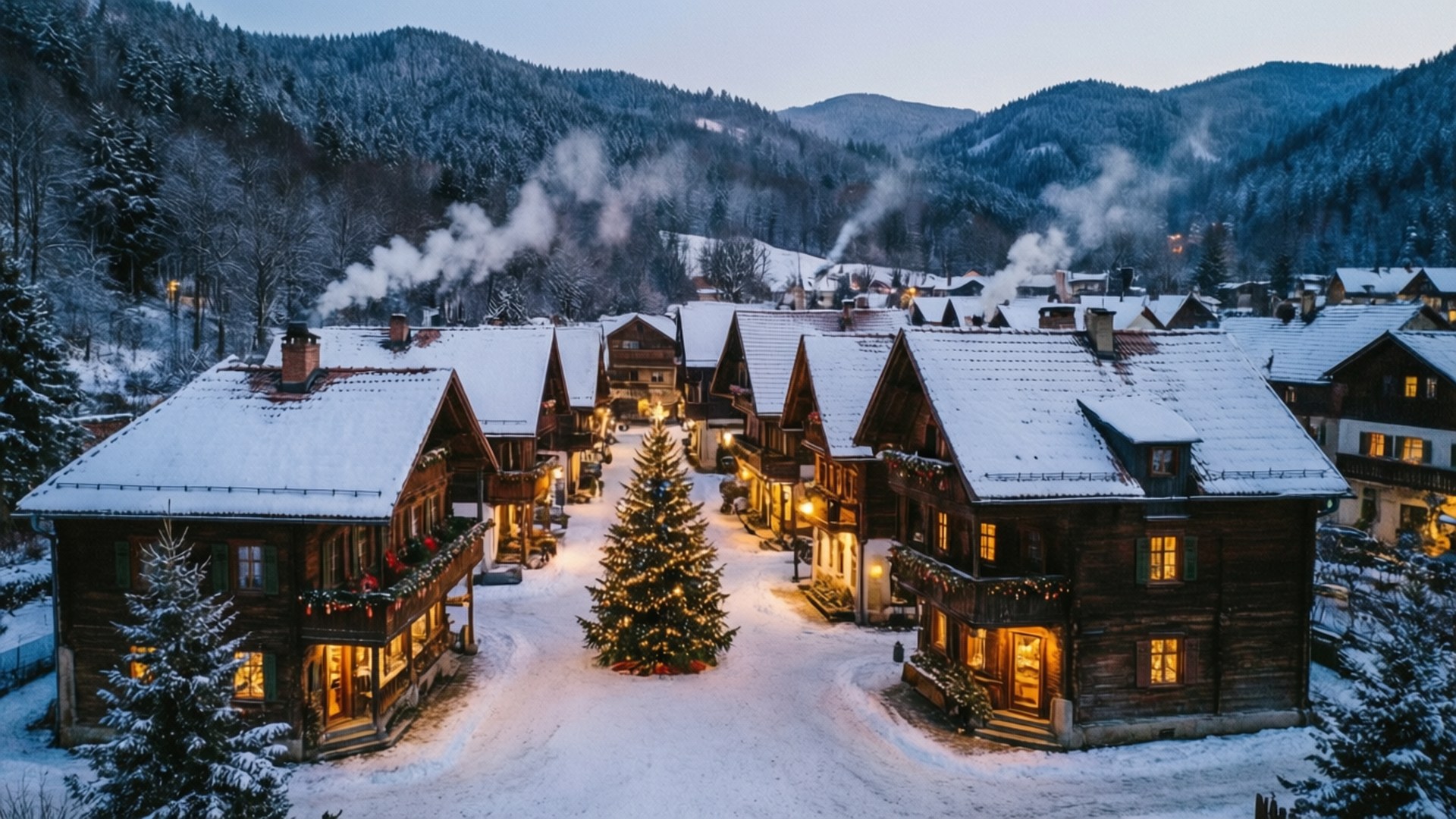 Snowy Village Dusk 壁紙 — 白雪覆蓋著質樸的木屋，溫暖的燈光閃爍，煙囪升起的蒸汽映襯著暮色中的山巒背景。