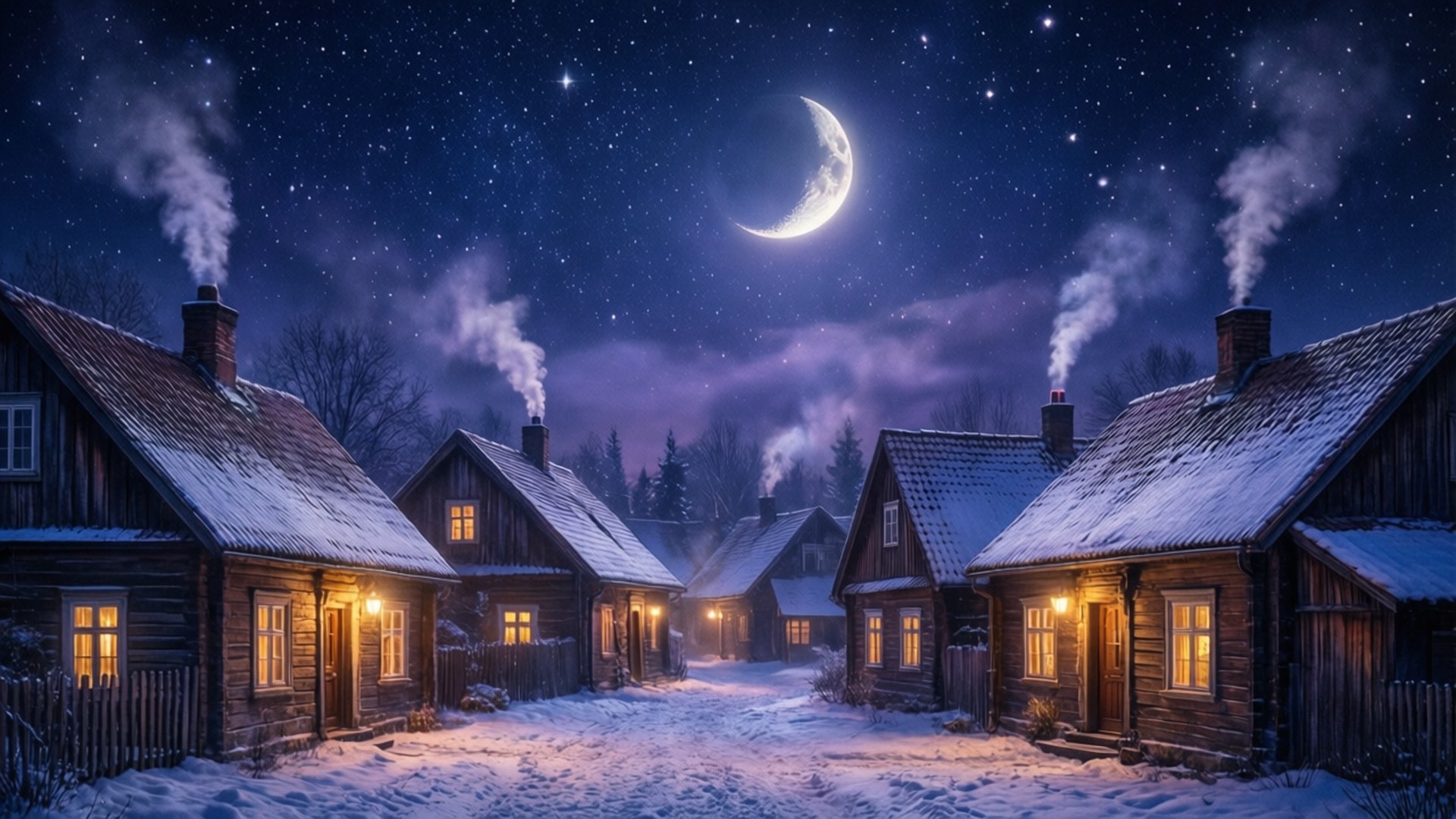 Winter Village Night 壁紙 — 白雪覆蓋質樸的木屋，星空下閃爍的彎月和煙囪升起的煙霧。