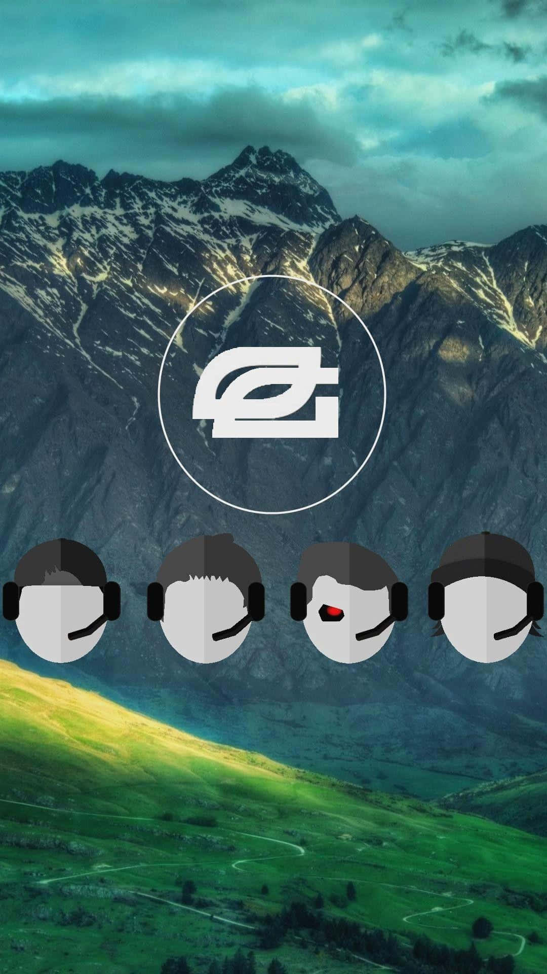 Optic Gaming 桌布 壁紙 — 雪山在標誌和四個戴耳機的風格化遊戲玩家頭像後方升起。