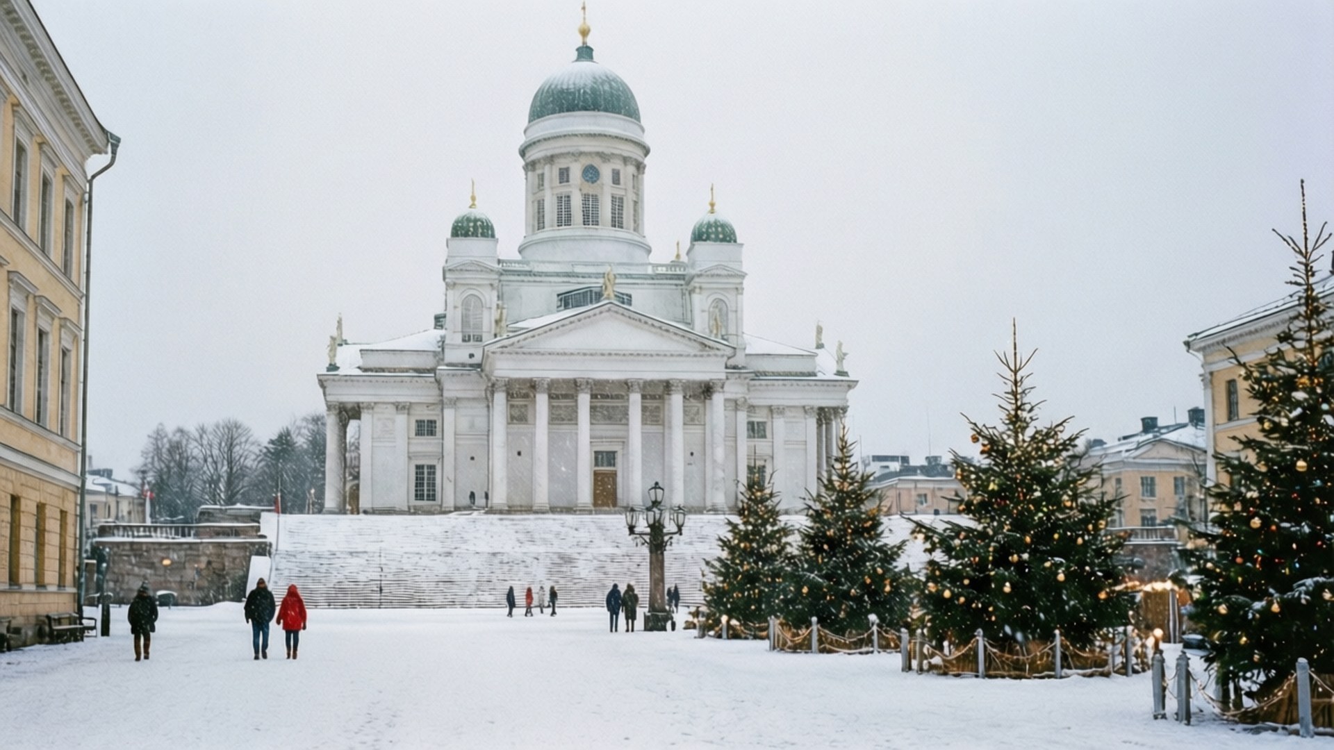 Helsinki Snowy Senate Square 壁紙 — 一座宏偉的新古典主義大教堂，綠色圓頂被雪覆蓋，人們在冬季廣場上走過裝飾的聖誕樹。
