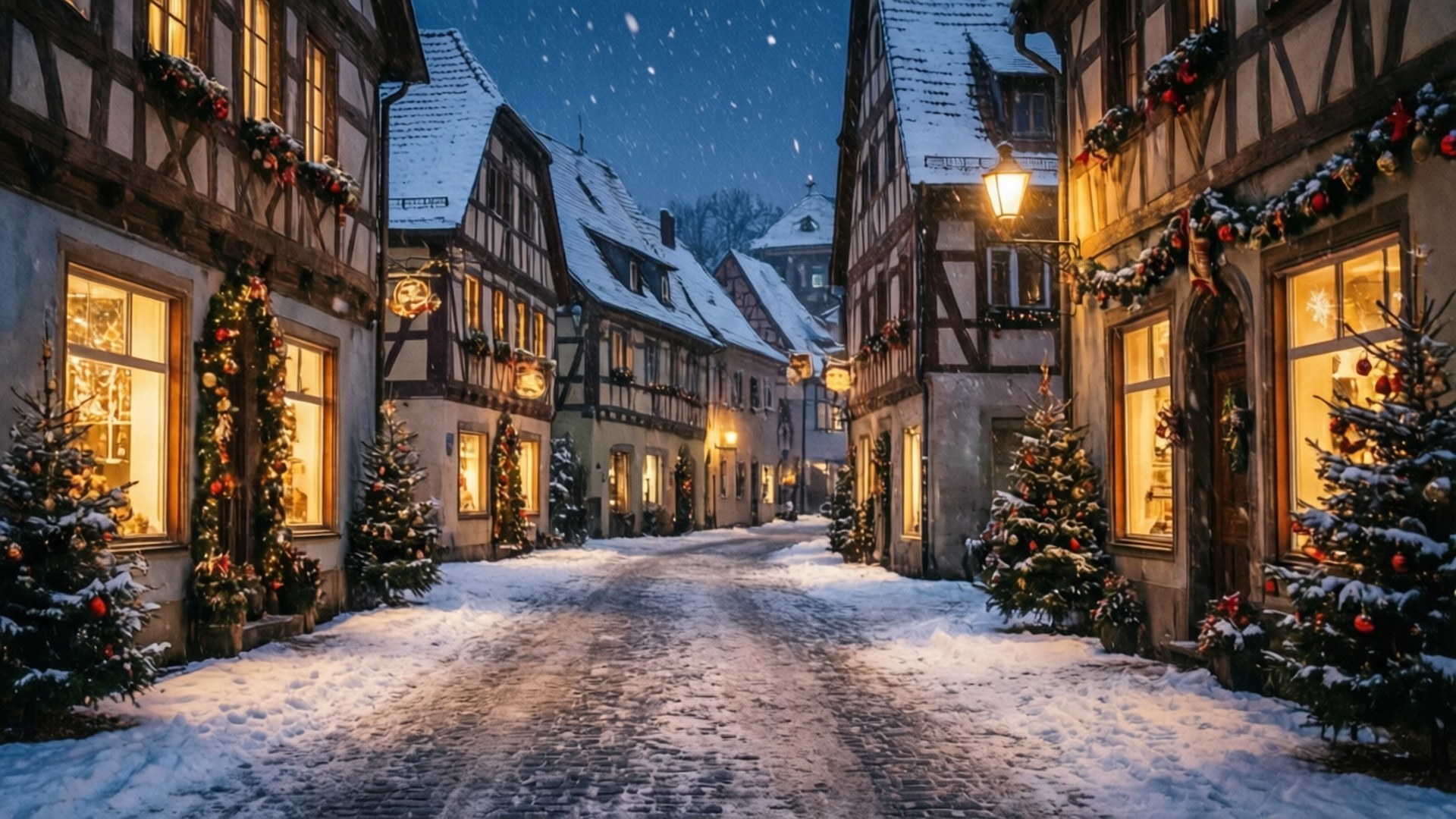 Snowy European Town 壁紙 — 白雪覆蓋著鵝卵石街道，兩旁是燈火通明的半木造房屋，裝飾著節慶聖誕花環和樹木。