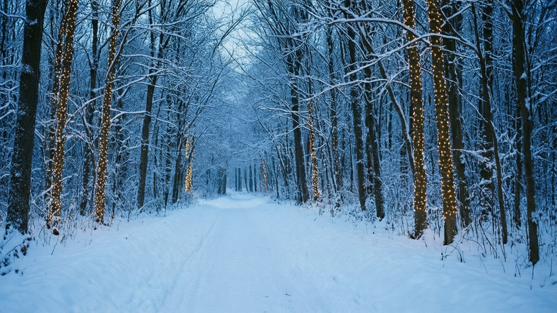 Snowy Forest Path 壁紙 — 一條被雪覆蓋的森林小徑，兩旁樹木纏繞著發光的燈串，在暮色天空下。